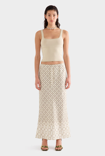 Drawstring Bias Skirt - Beige Geo