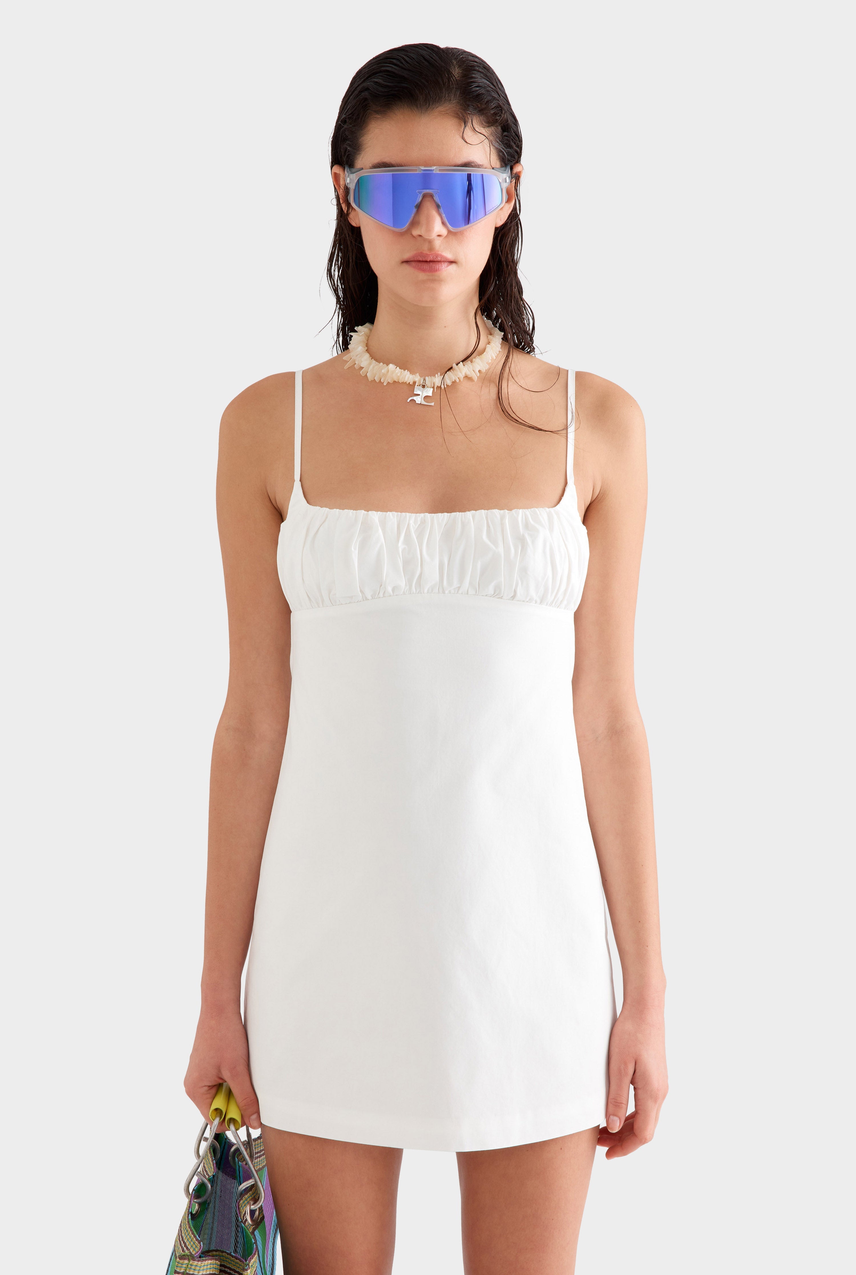 Gathered Bodice Mini Dress -  White