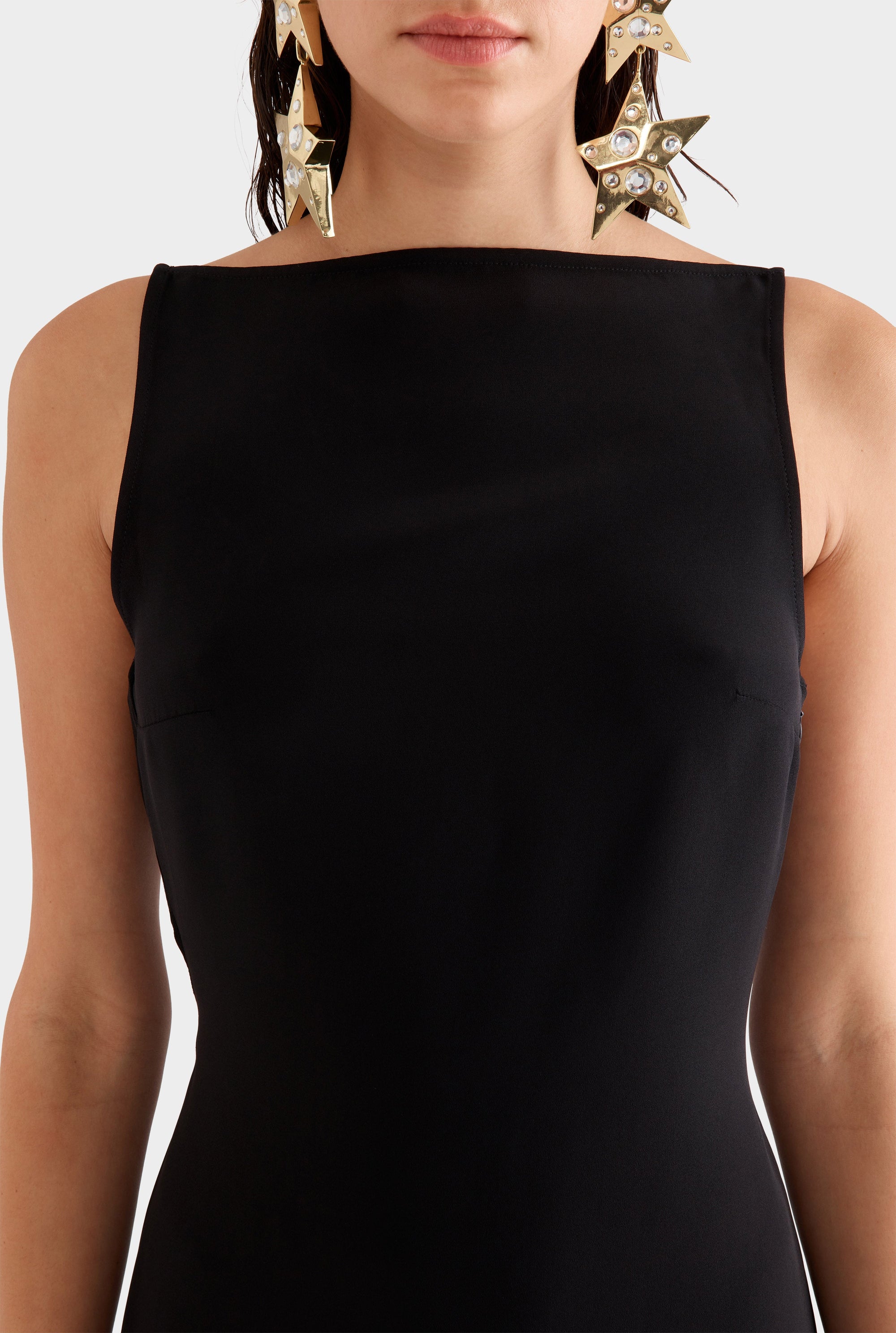 High Neck Cowl Back Dress -  Black