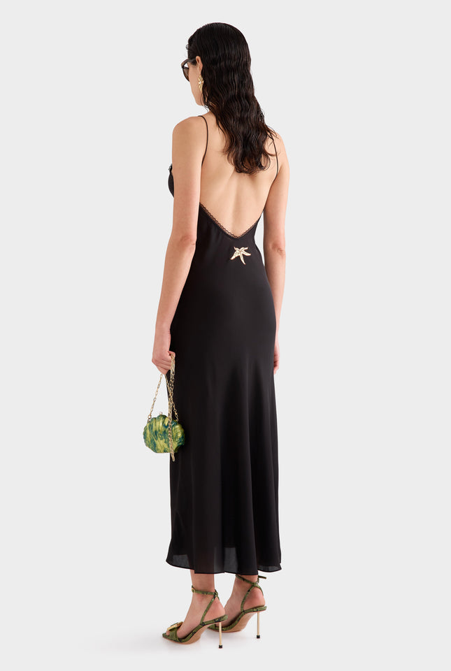 Lace Trim Silk Open Back Dress -  Black