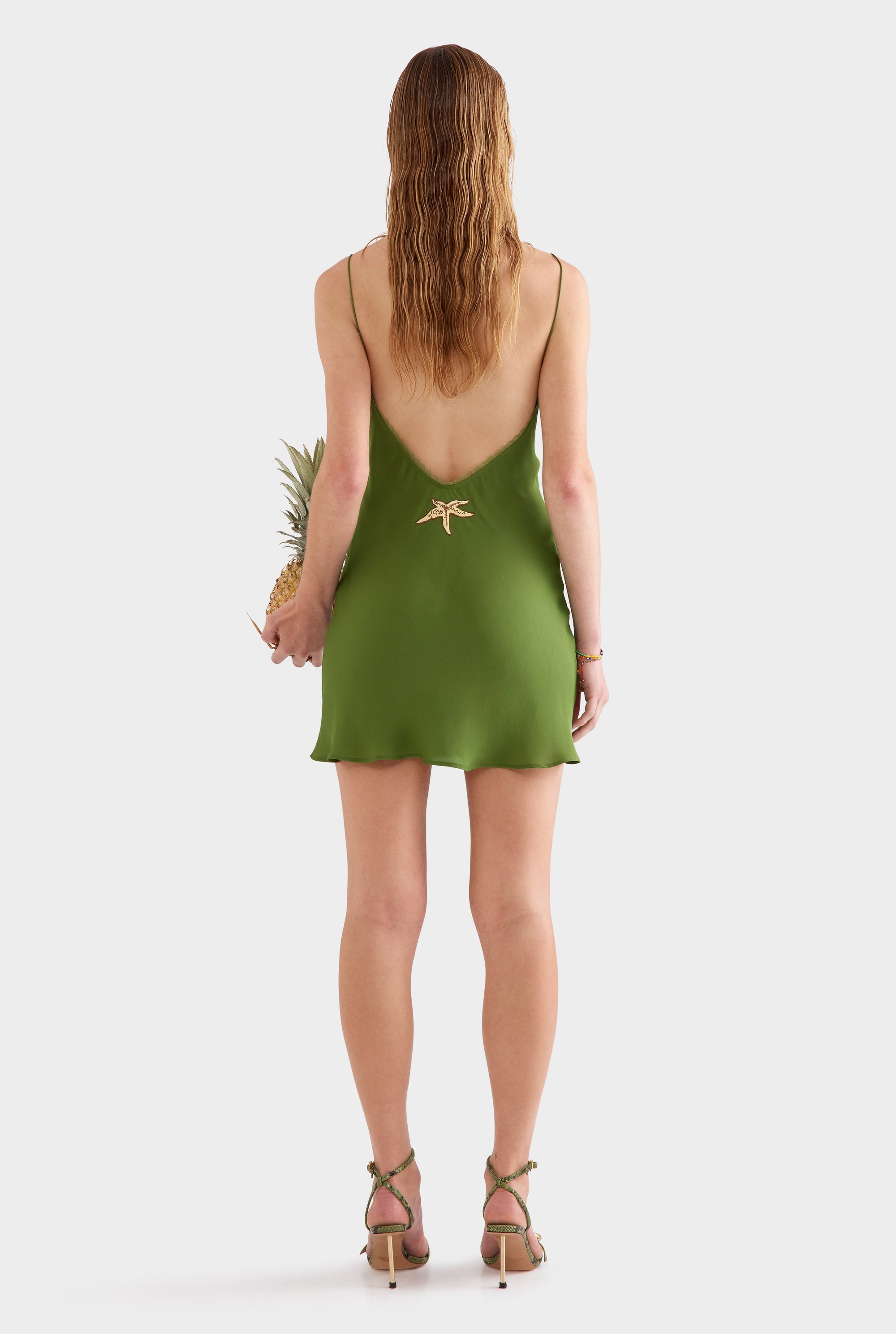 Lace Trim Silk Open Back Mini Dress -  Cactus