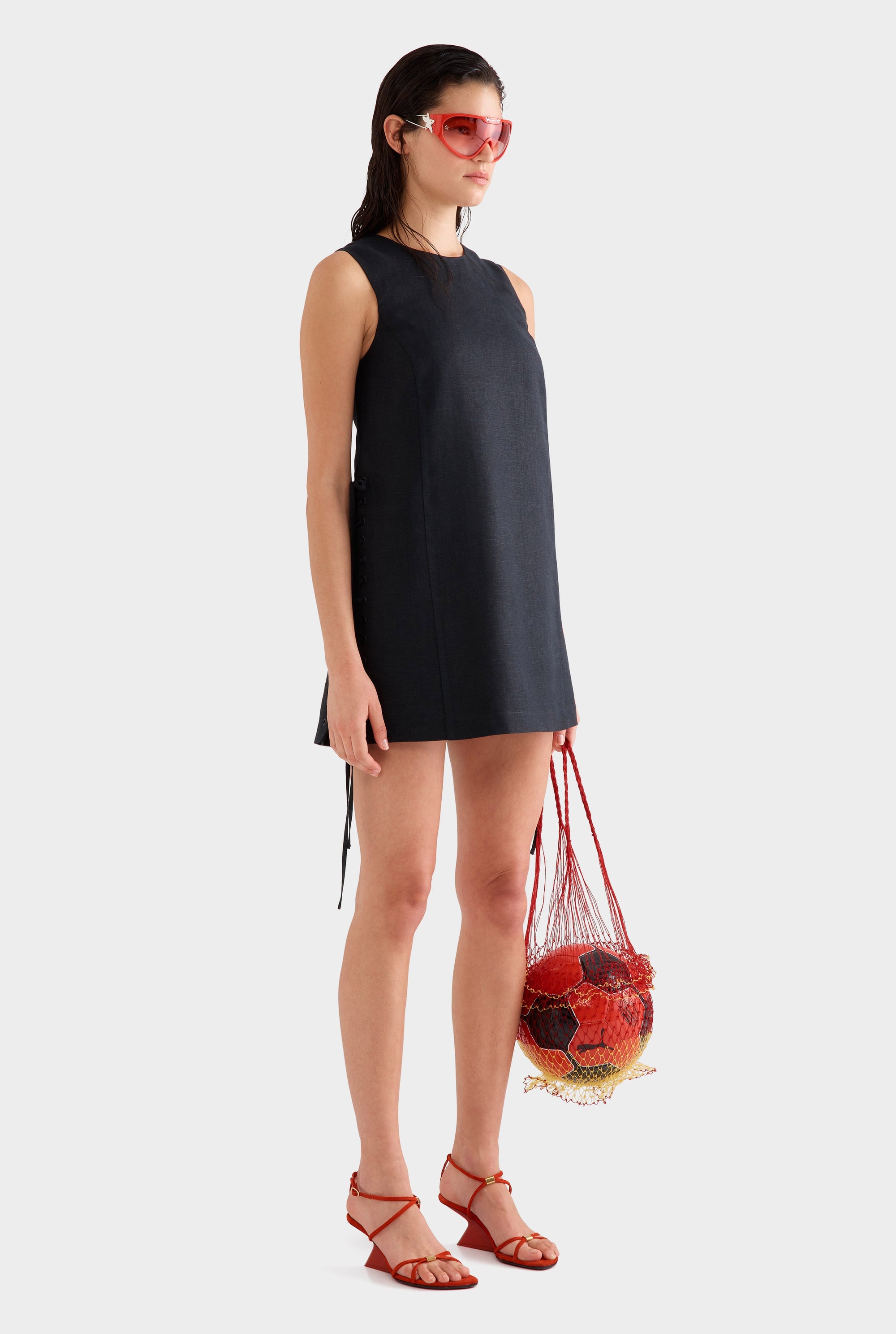 Linen Lace Up Mini Dress -  Black