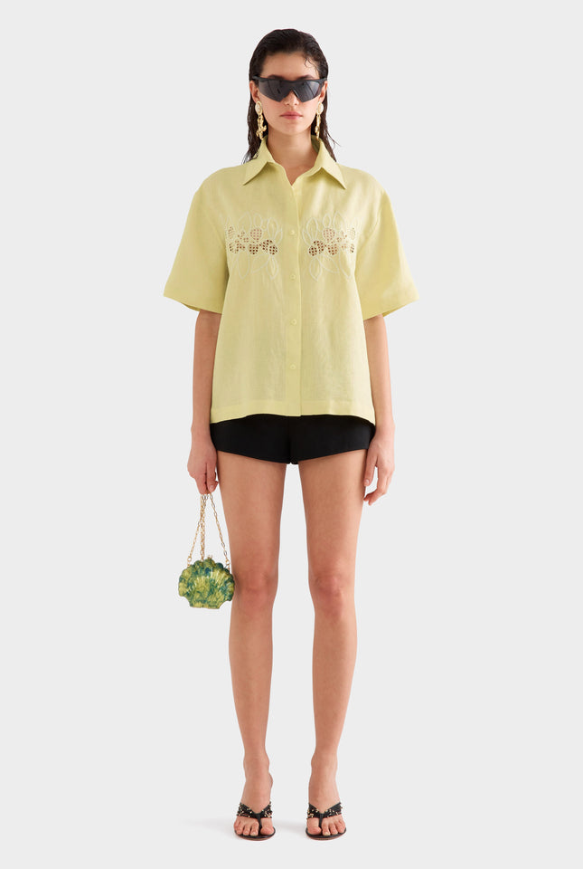 Linen Relaxed Embroidered Short Sleeve Shirt -  Lemongrass