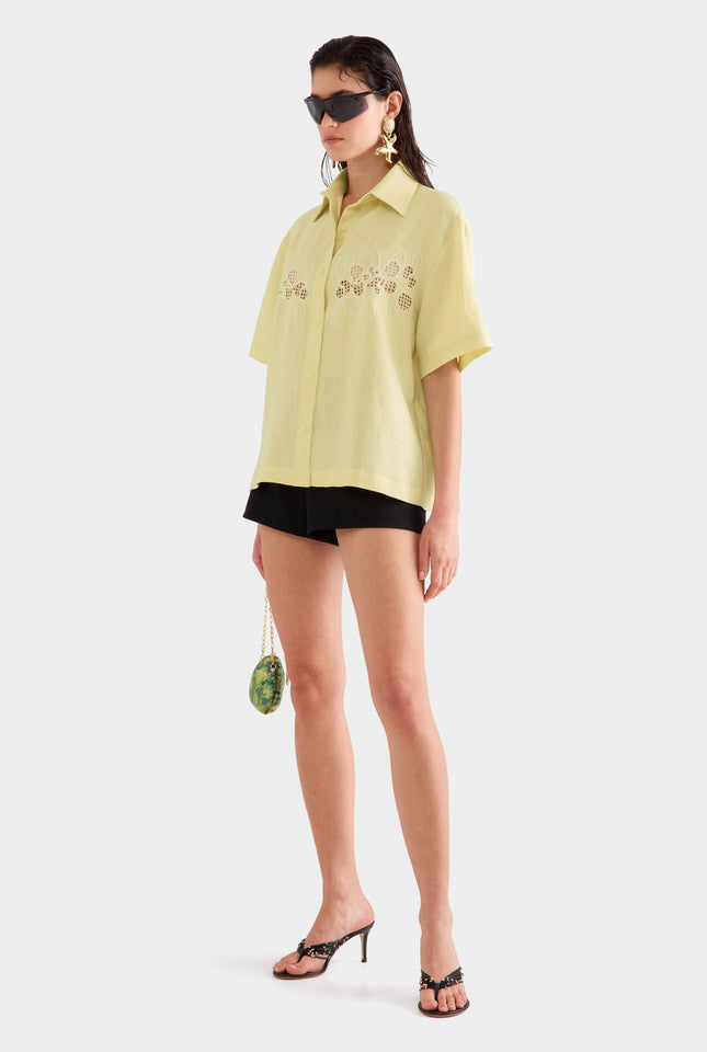 Linen Relaxed Embroidered Short Sleeve Shirt -  Lemongrass