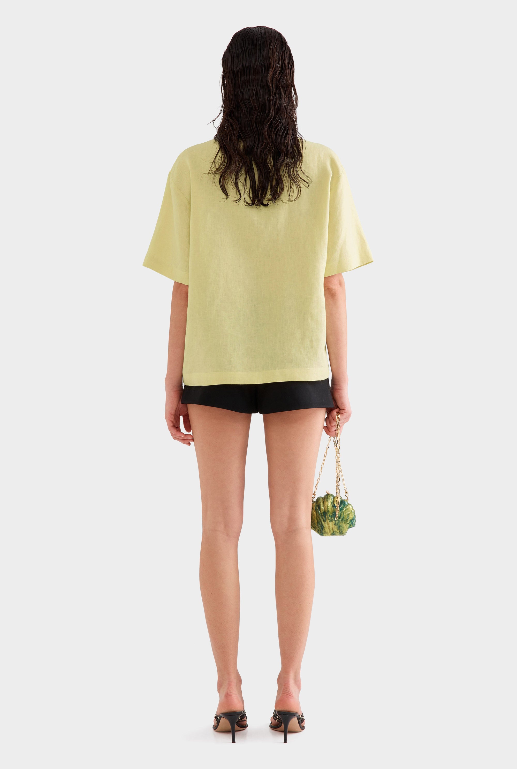 Linen Relaxed Embroidered Short Sleeve Shirt -  Lemongrass