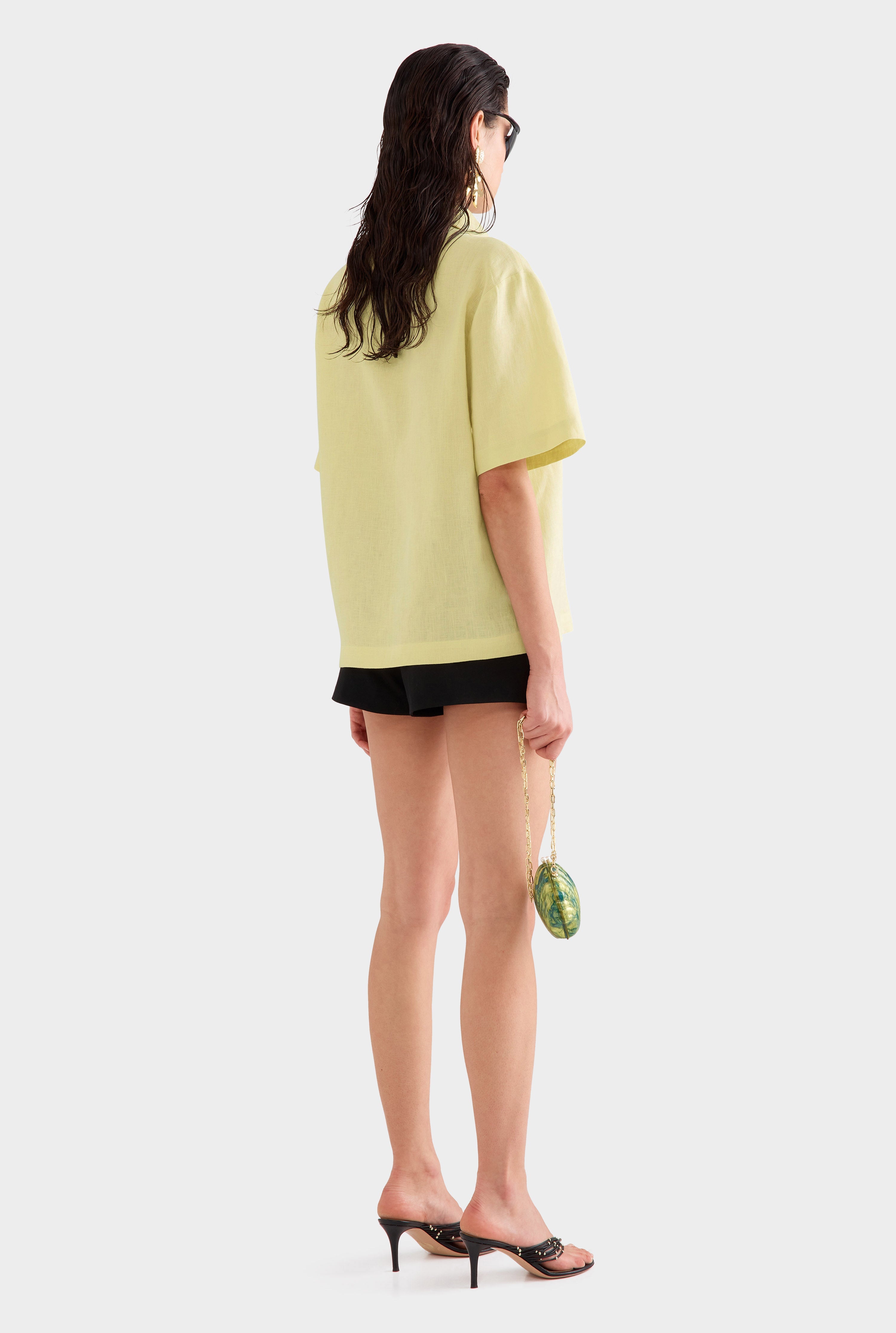 Linen Relaxed Embroidered Short Sleeve Shirt -  Lemongrass