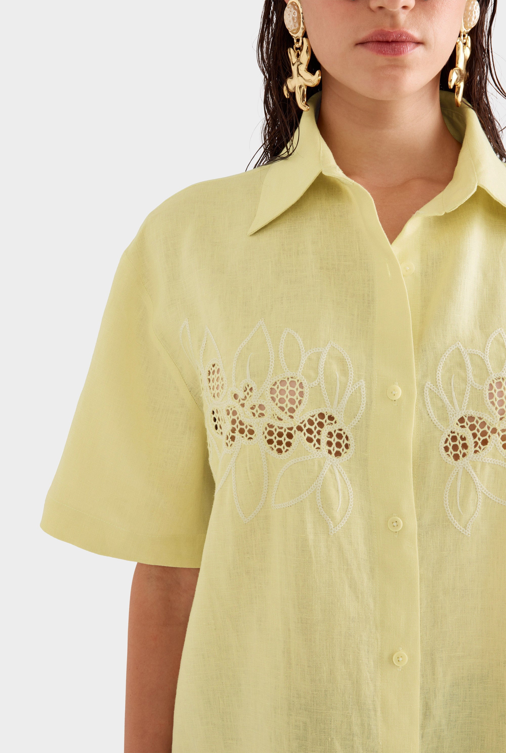 Linen Relaxed Embroidered Short Sleeve Shirt -  Lemongrass