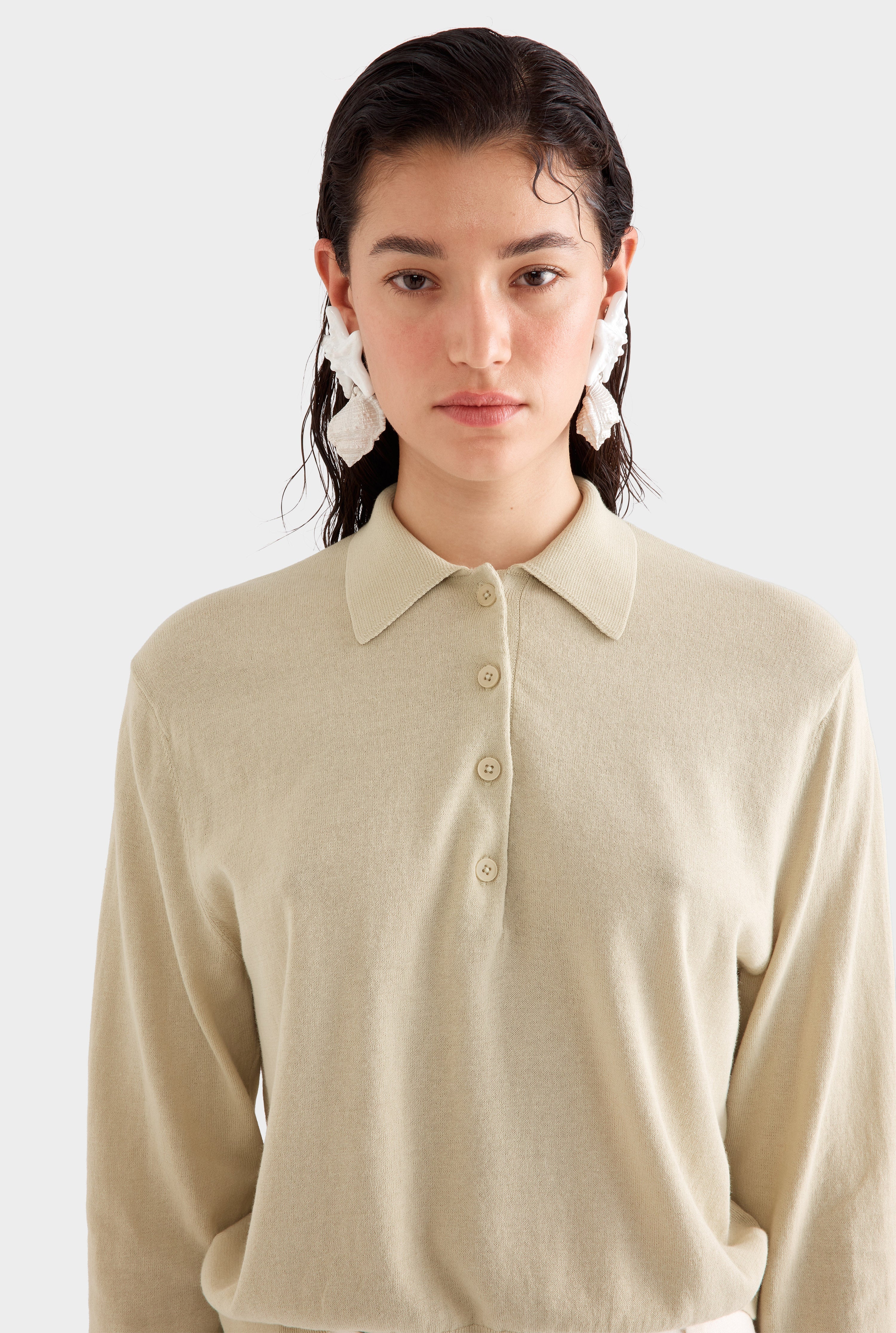 Relaxed Long Sleeve Cotton Knit Polo -  Pale Straw