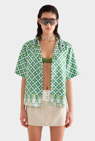 Relaxed Silk Camp Collar Shirt - Blue/Green Geo