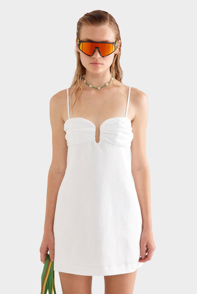 Ruched Bustier Linen Mini Dress - Off White