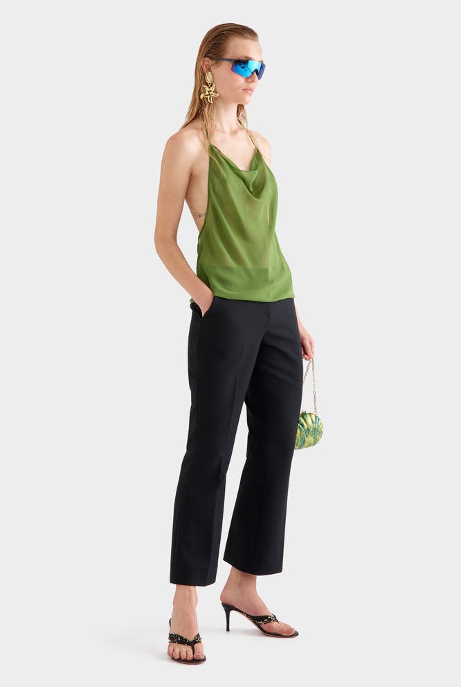 Sheer Silk Cowl Neck Halter Top - Cactus