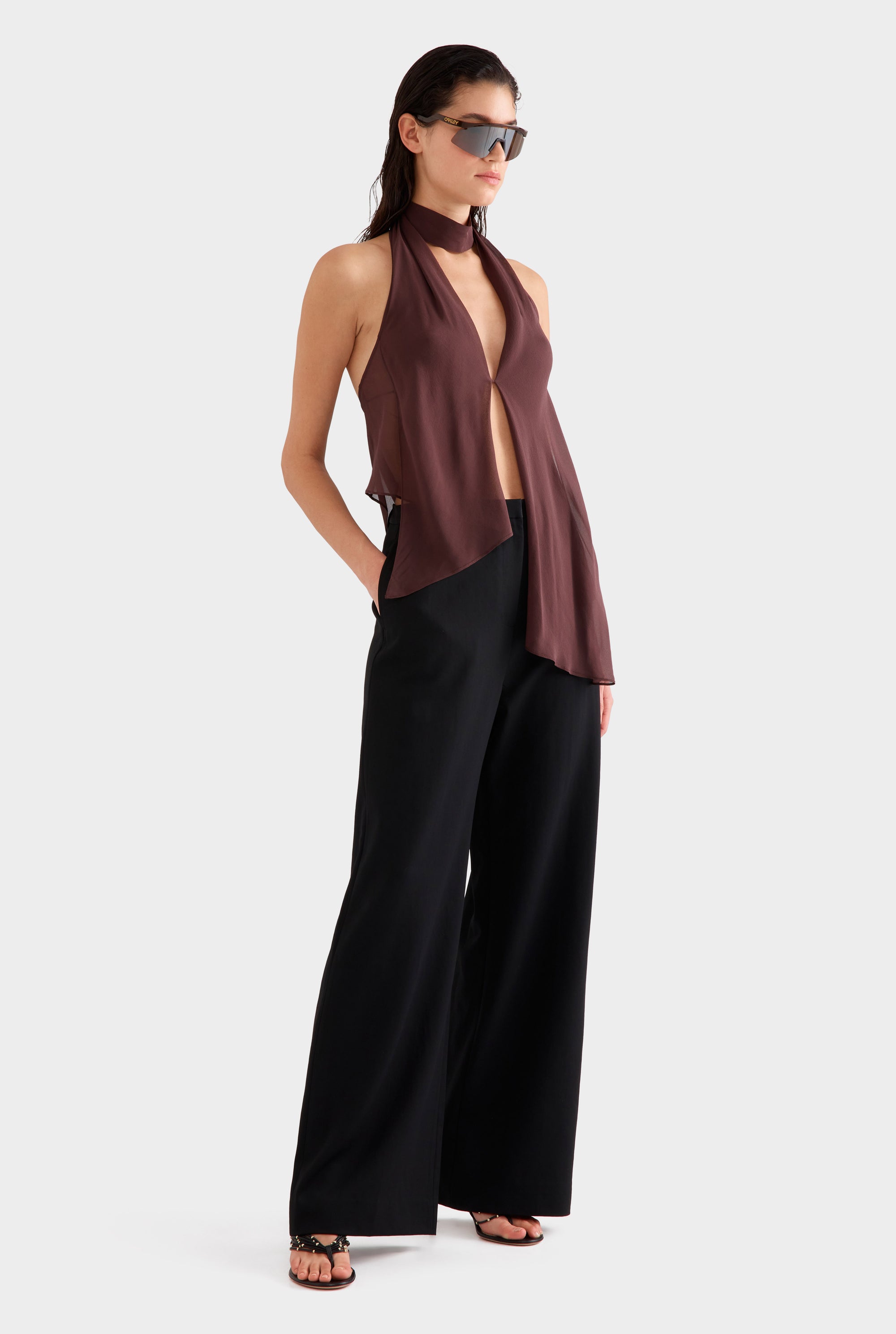 Silk Layered Halter Top -  Coffee