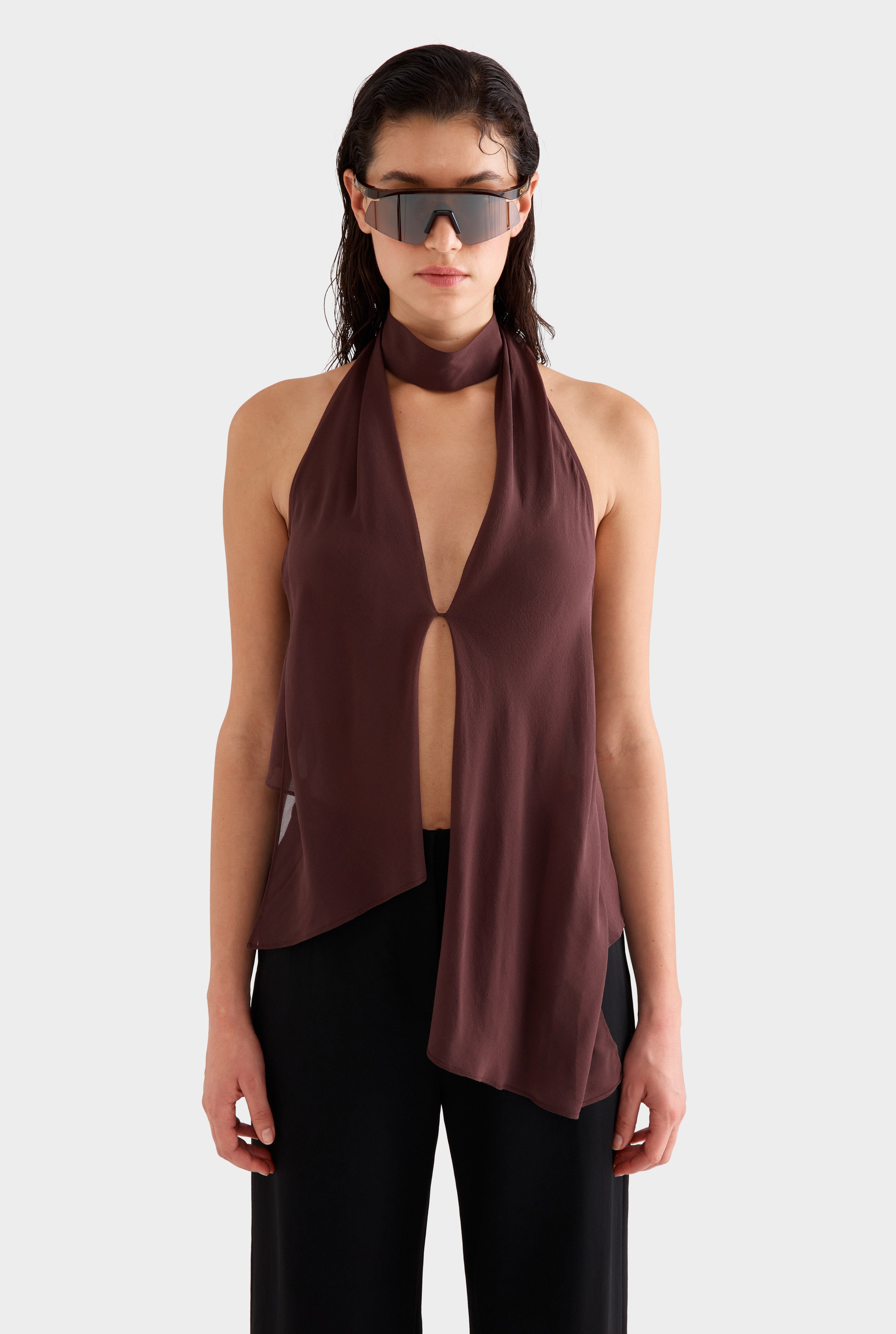 Silk Layered Halter Top -  Coffee