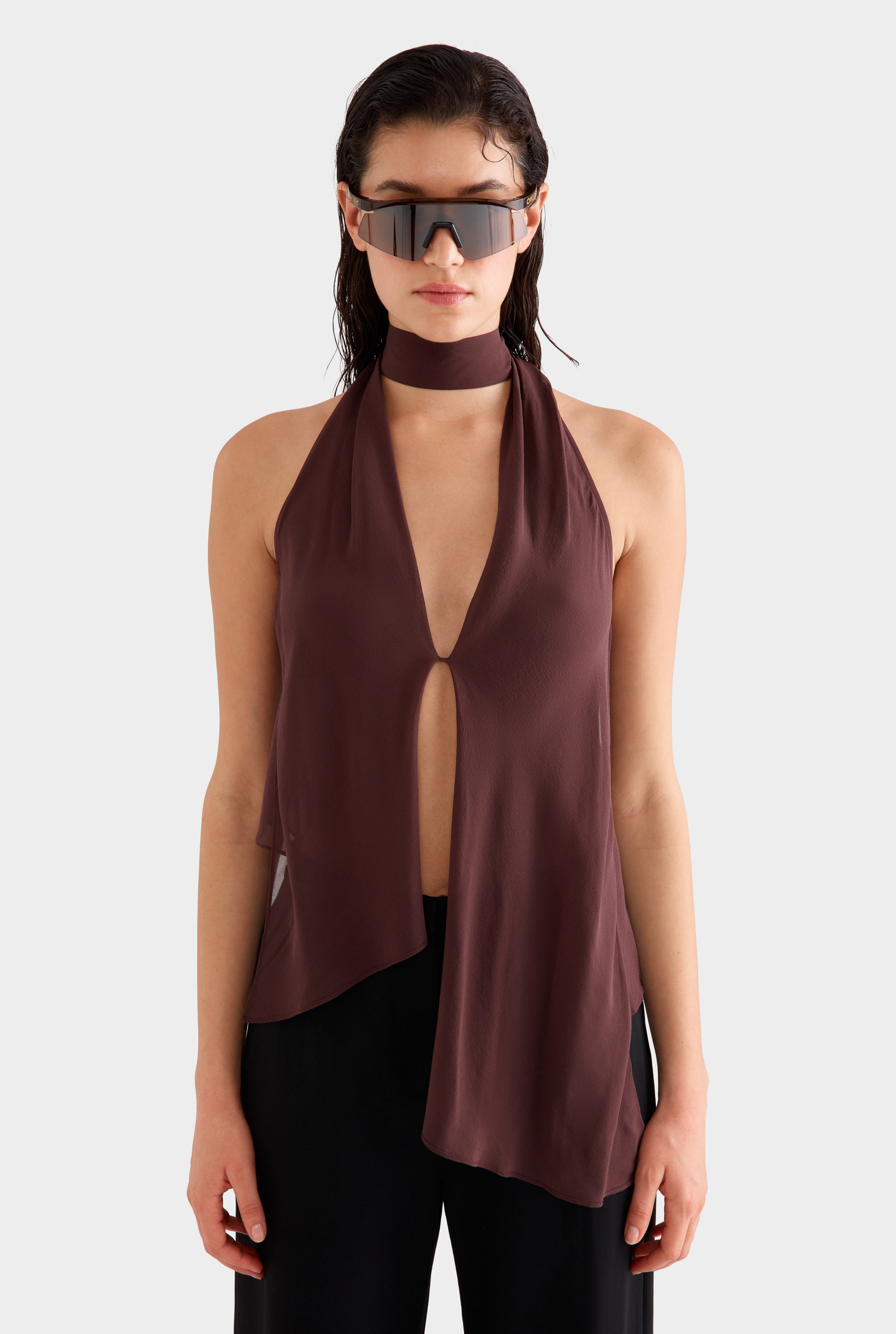 Silk Layered Halter Top -  Coffee