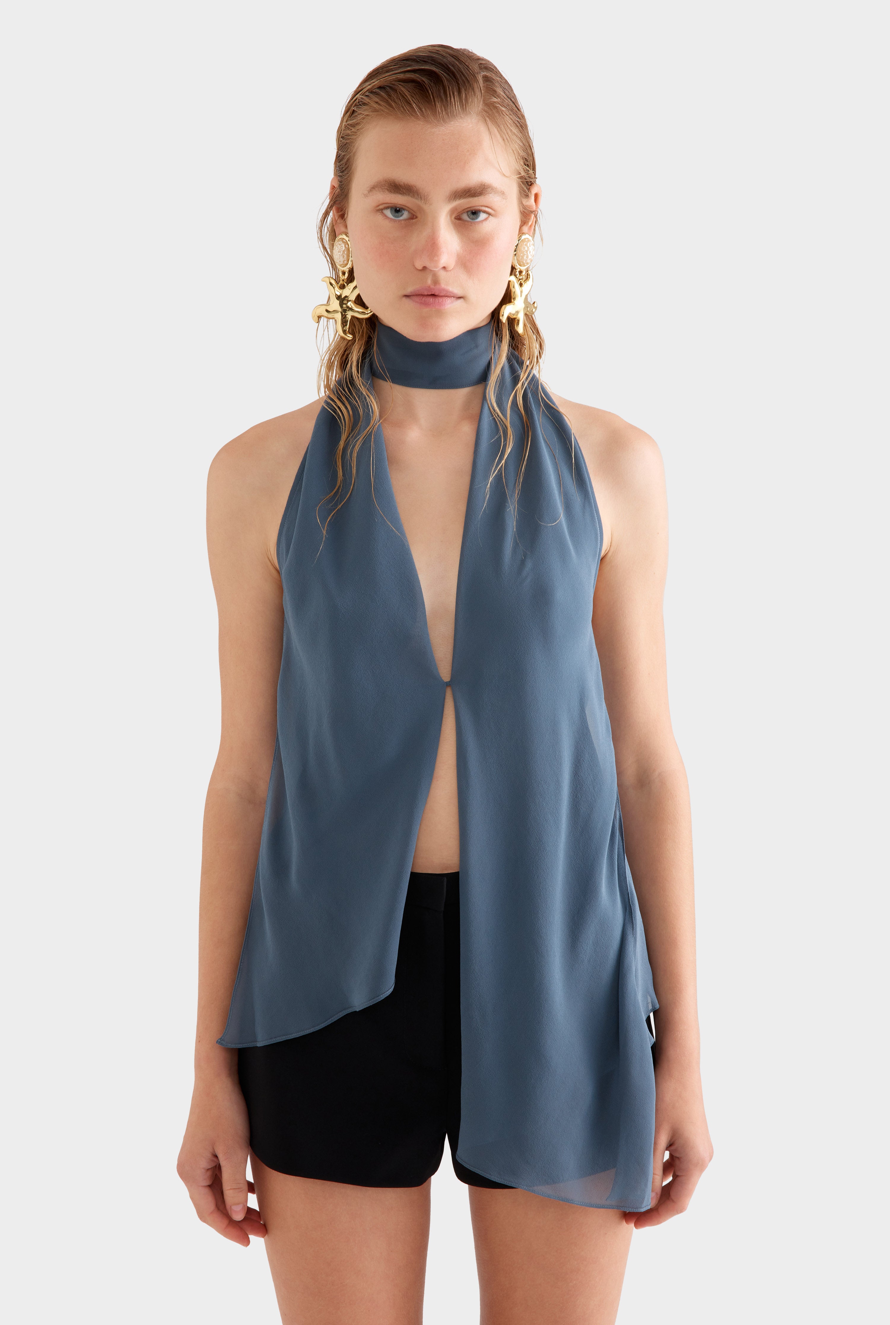 Silk Layered Halter Top -  Stormy Blue