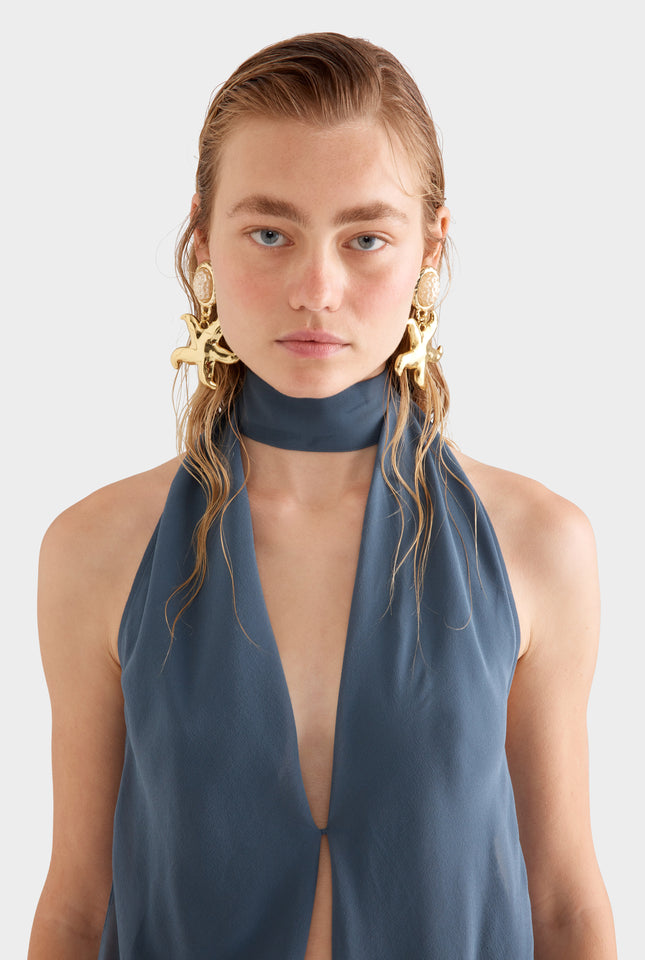 Silk Layered Halter Top -  Stormy Blue