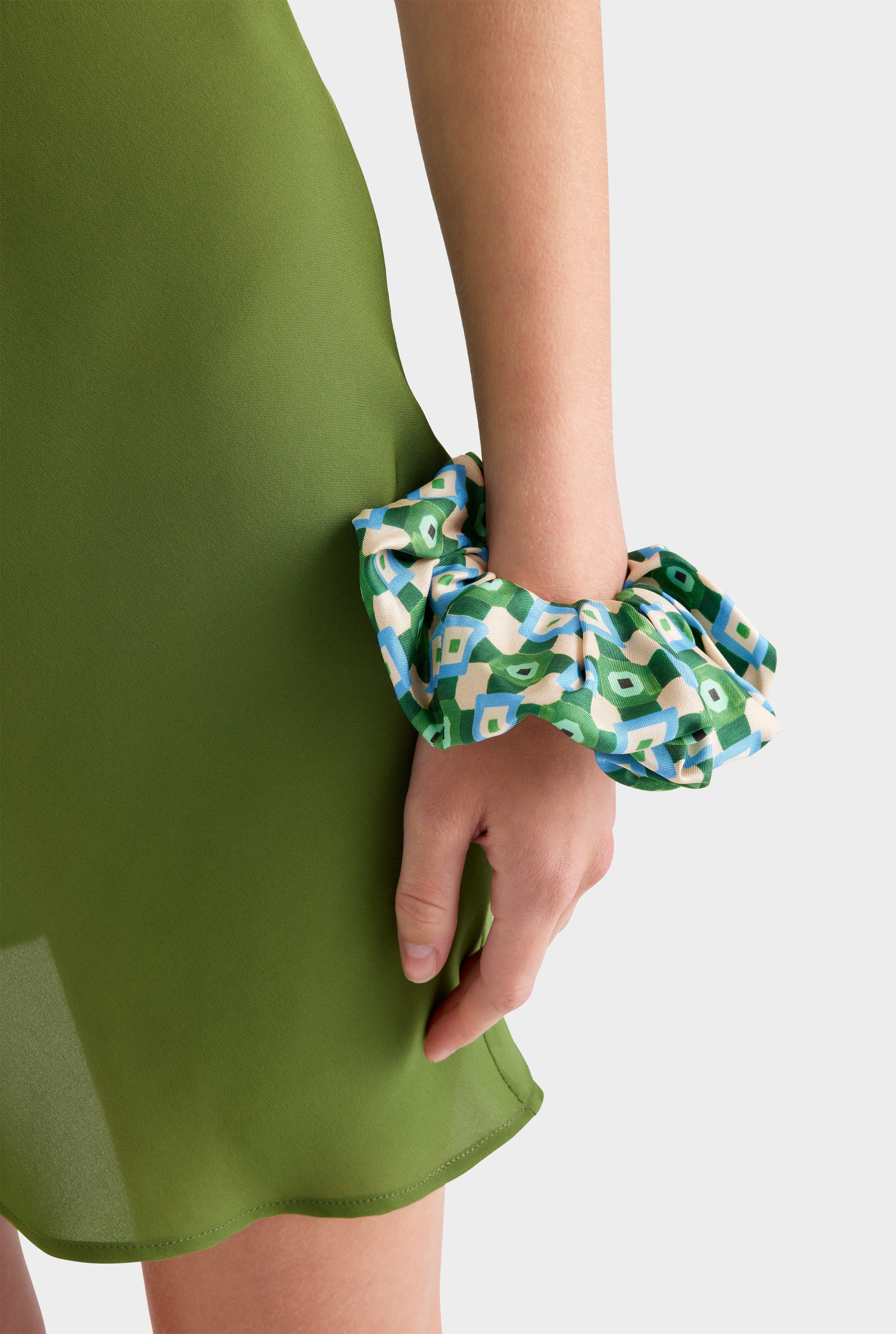 Silk Scrunchie -  Blue/Green Geo