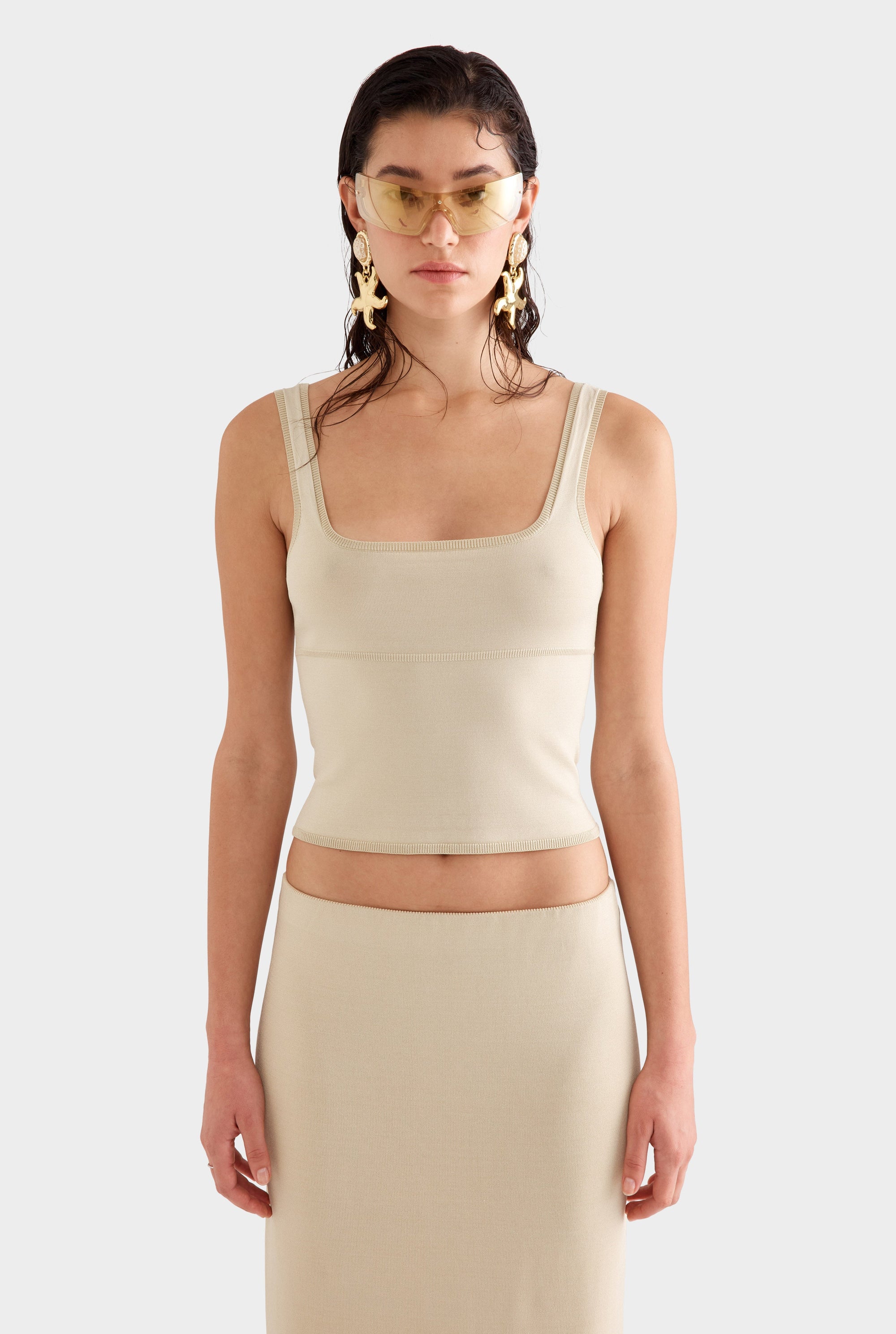 Square Neck Knit Tank -  Pale Straw