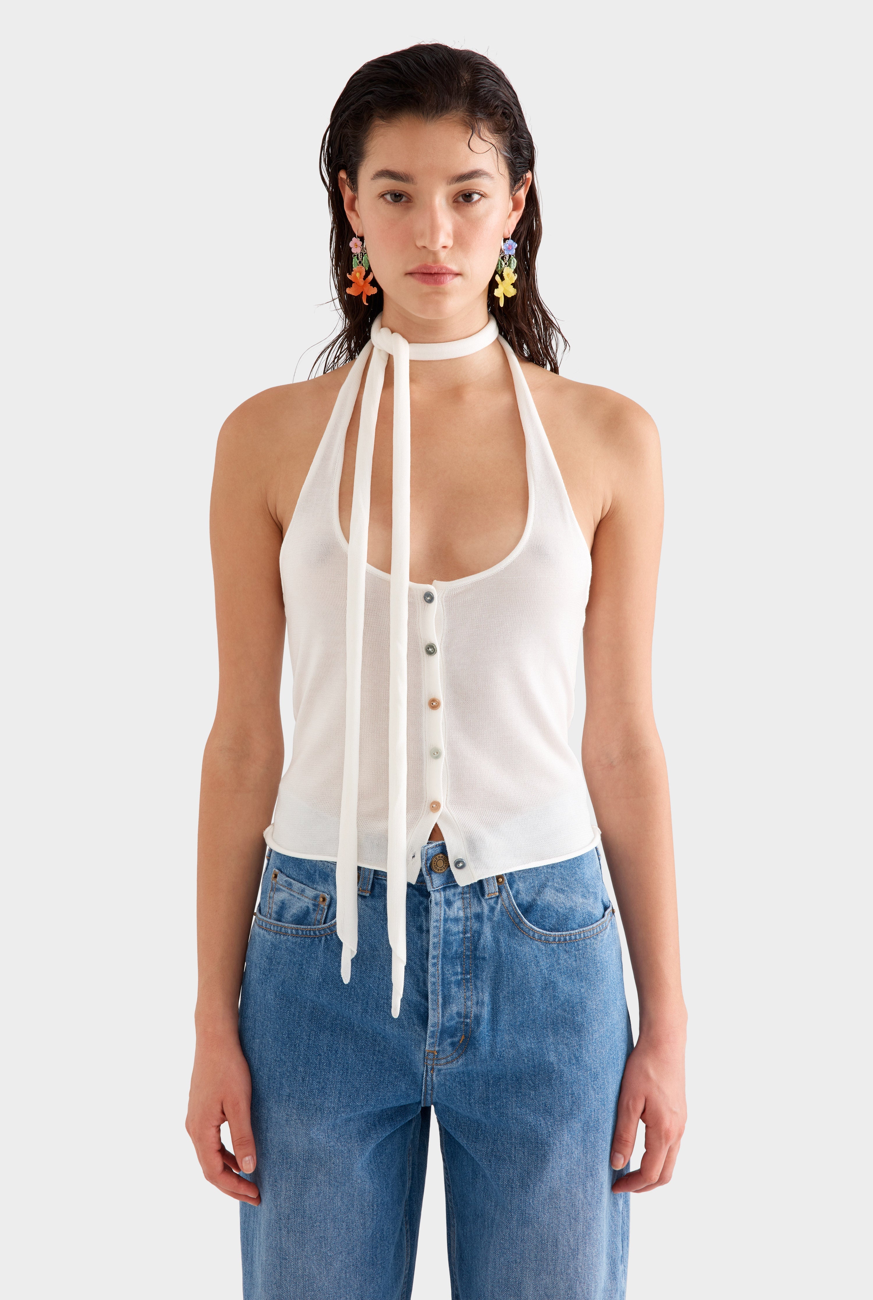 Tencel Scarf Halter Top -  Off White