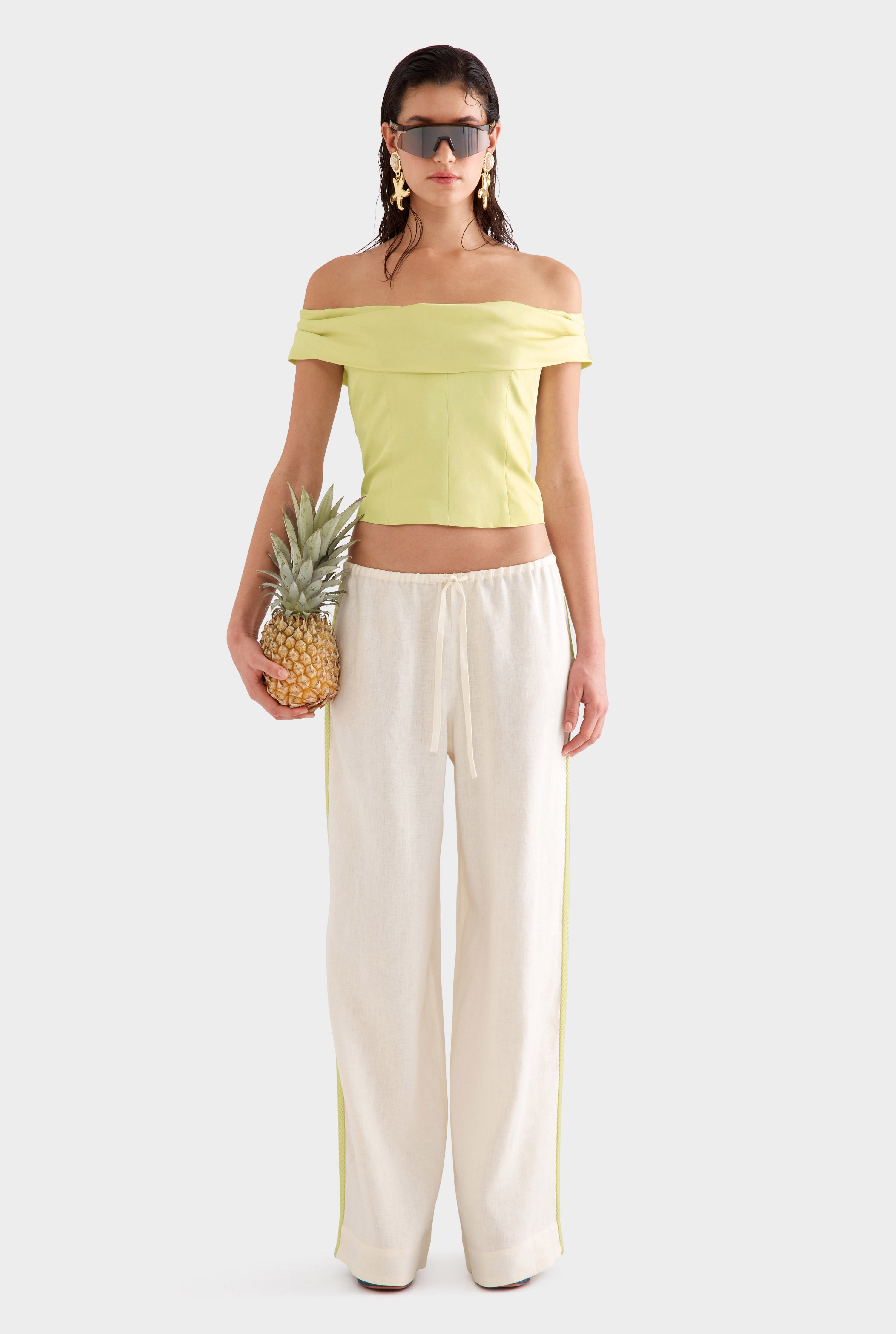 Wide Leg Linen Pant -  Cream/Crochet Trim