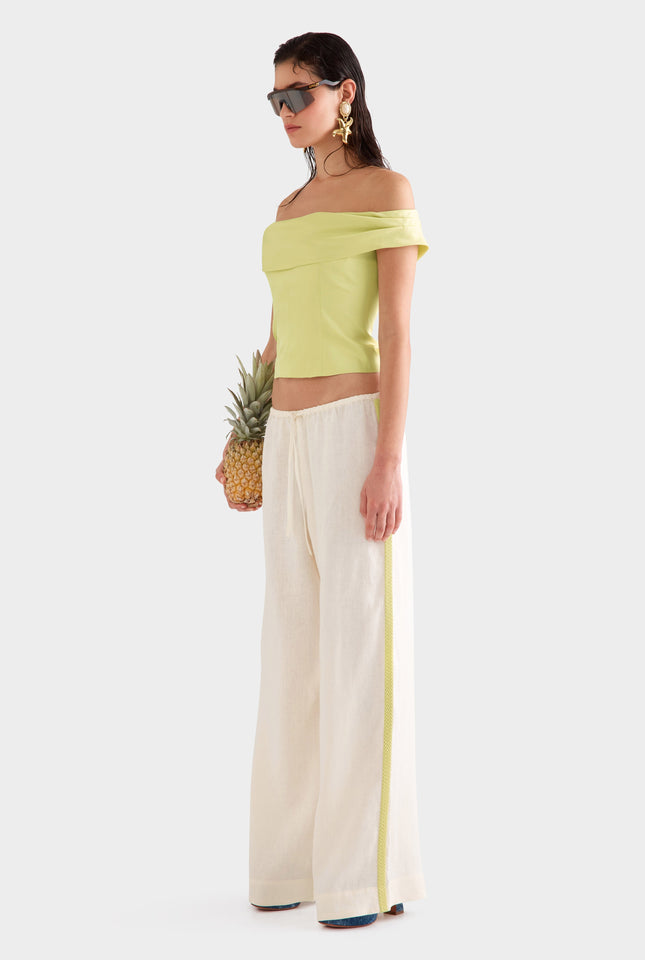 Wide Leg Linen Pant -  Cream/Crochet Trim