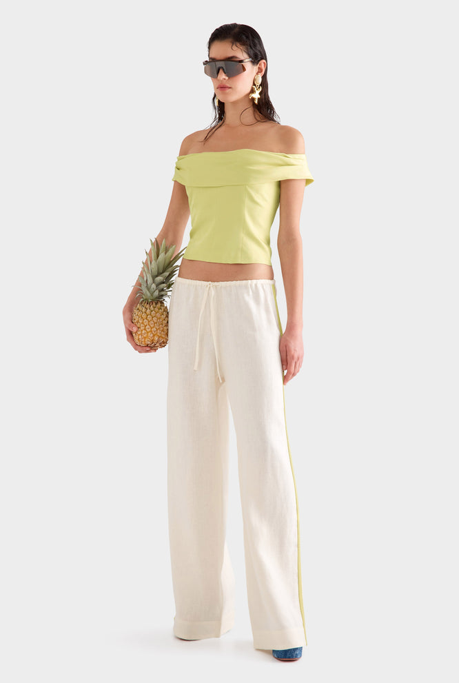 Wide Leg Linen Pant -  Cream/Crochet Trim