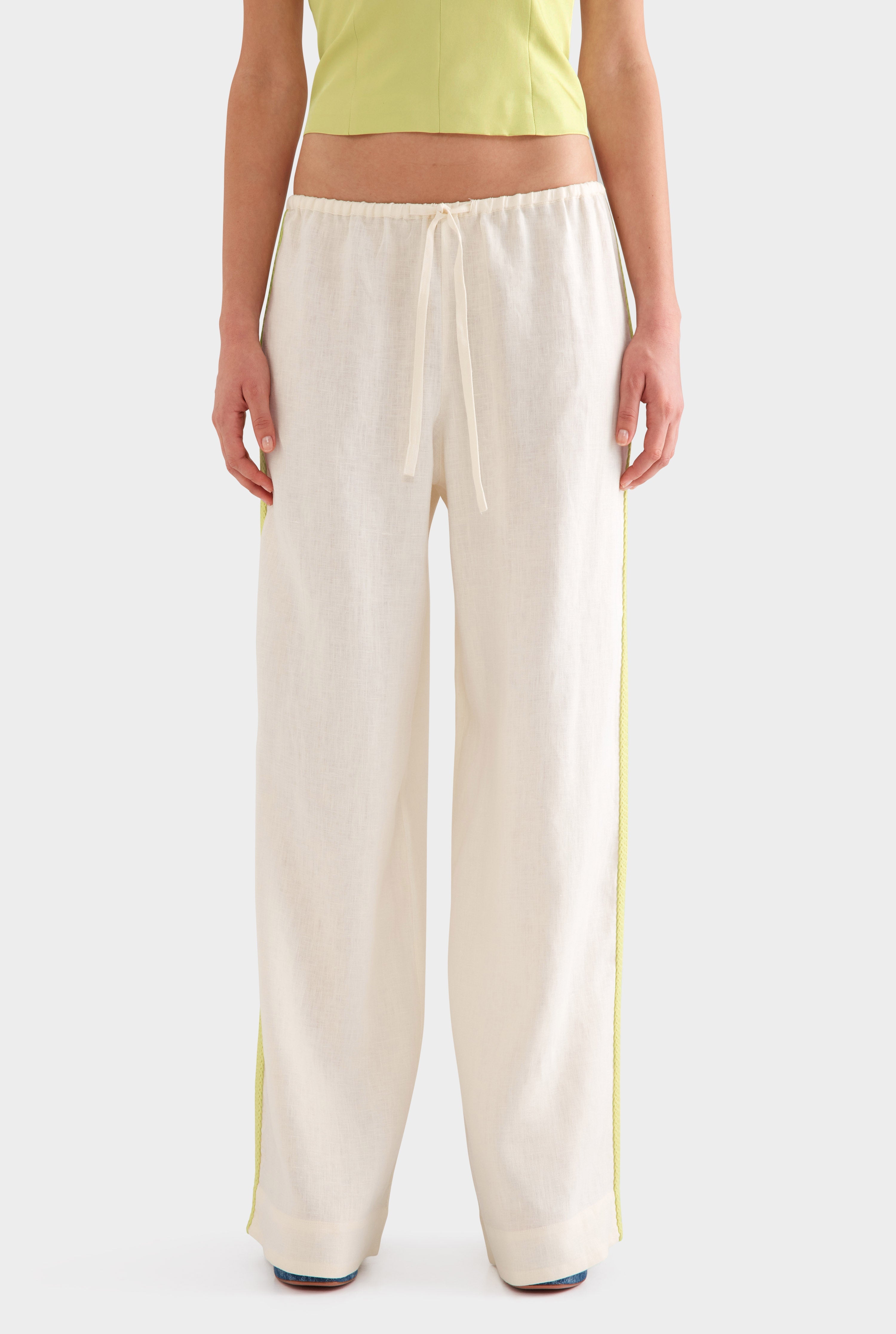 Wide Leg Linen Pant -  Cream/Crochet Trim