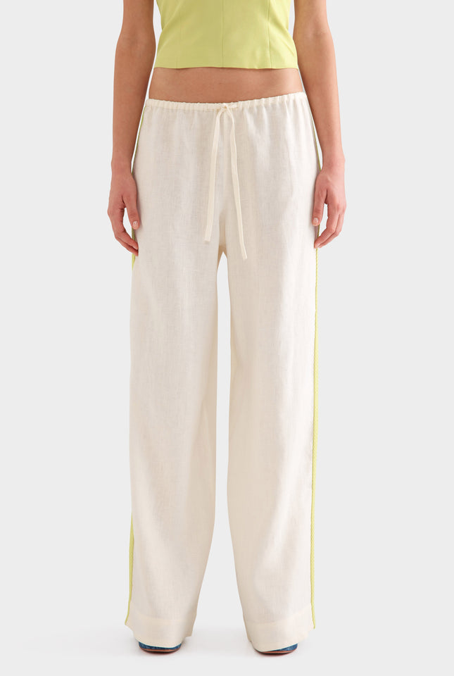 Wide Leg Linen Pant -  Cream/Crochet Trim