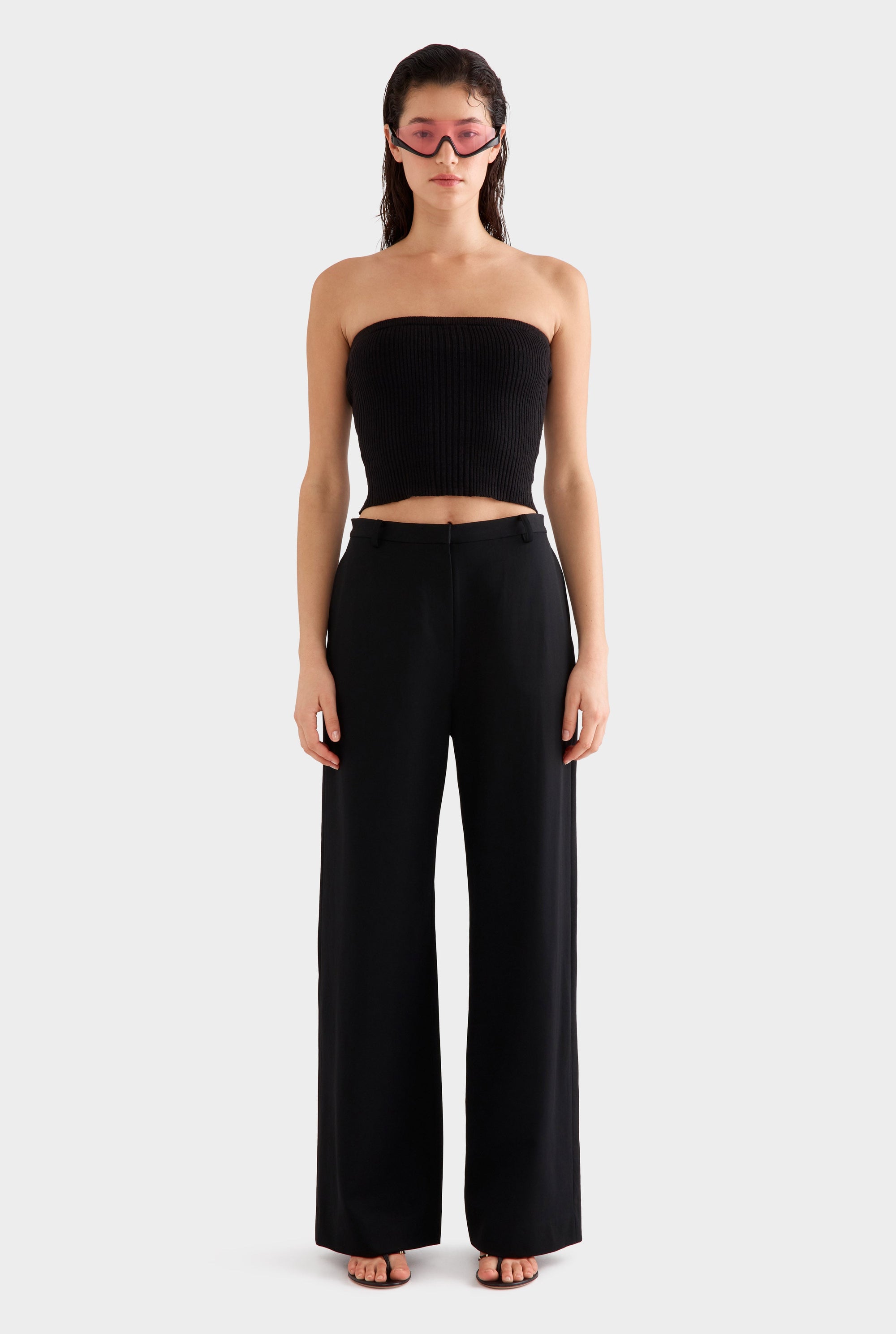 Wide Leg Wool Pant -  Black