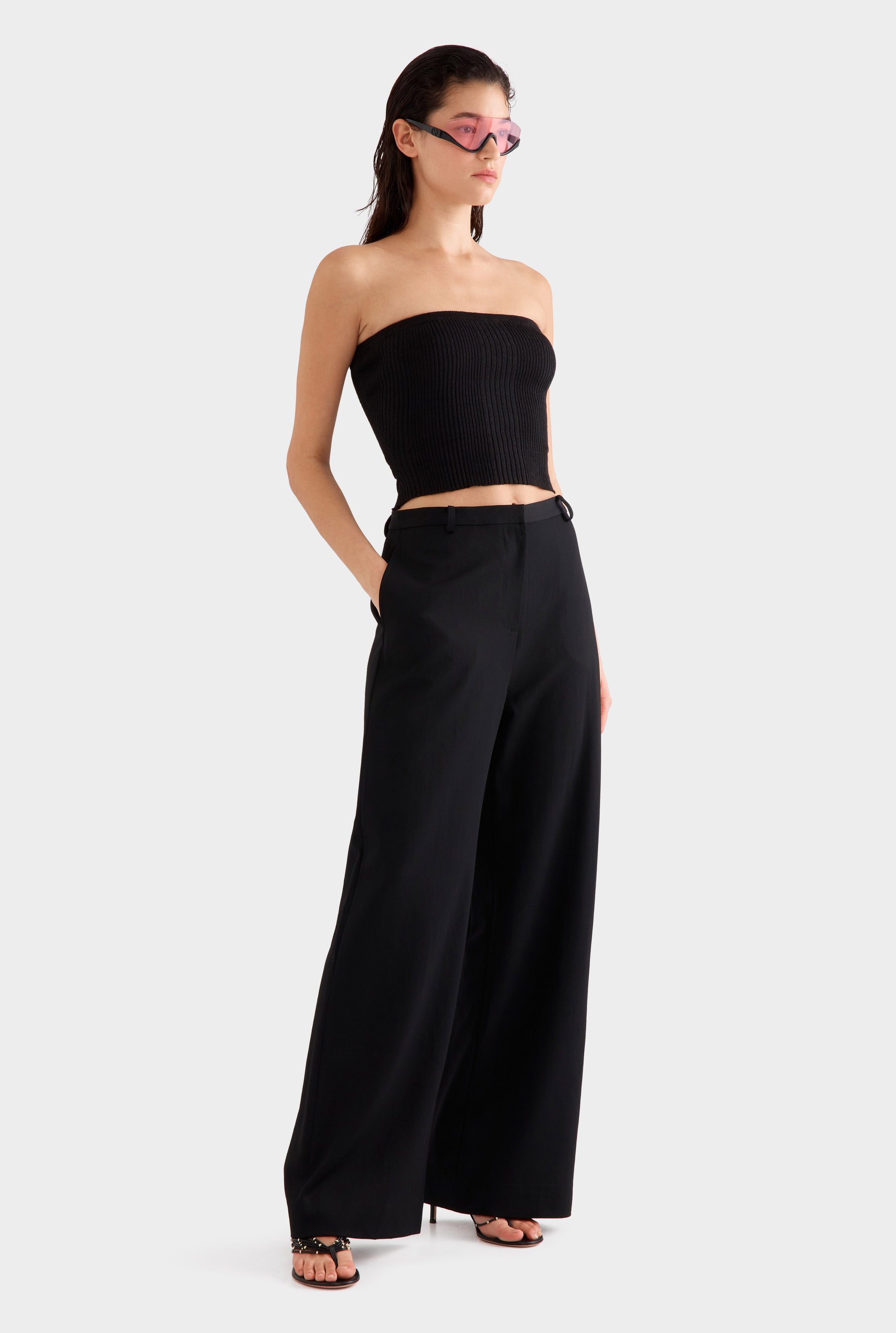 Wide Leg Wool Pant -  Black