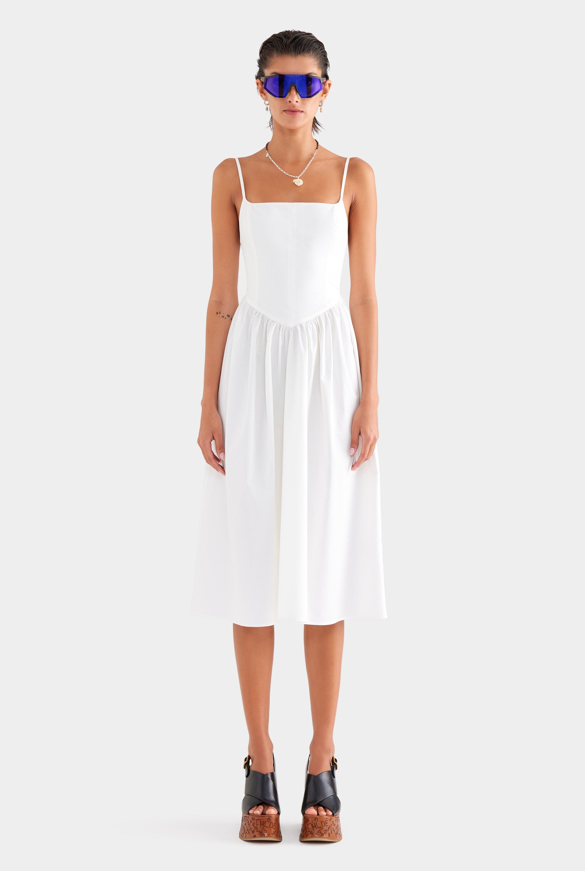 V Waist Cotton Dress - White