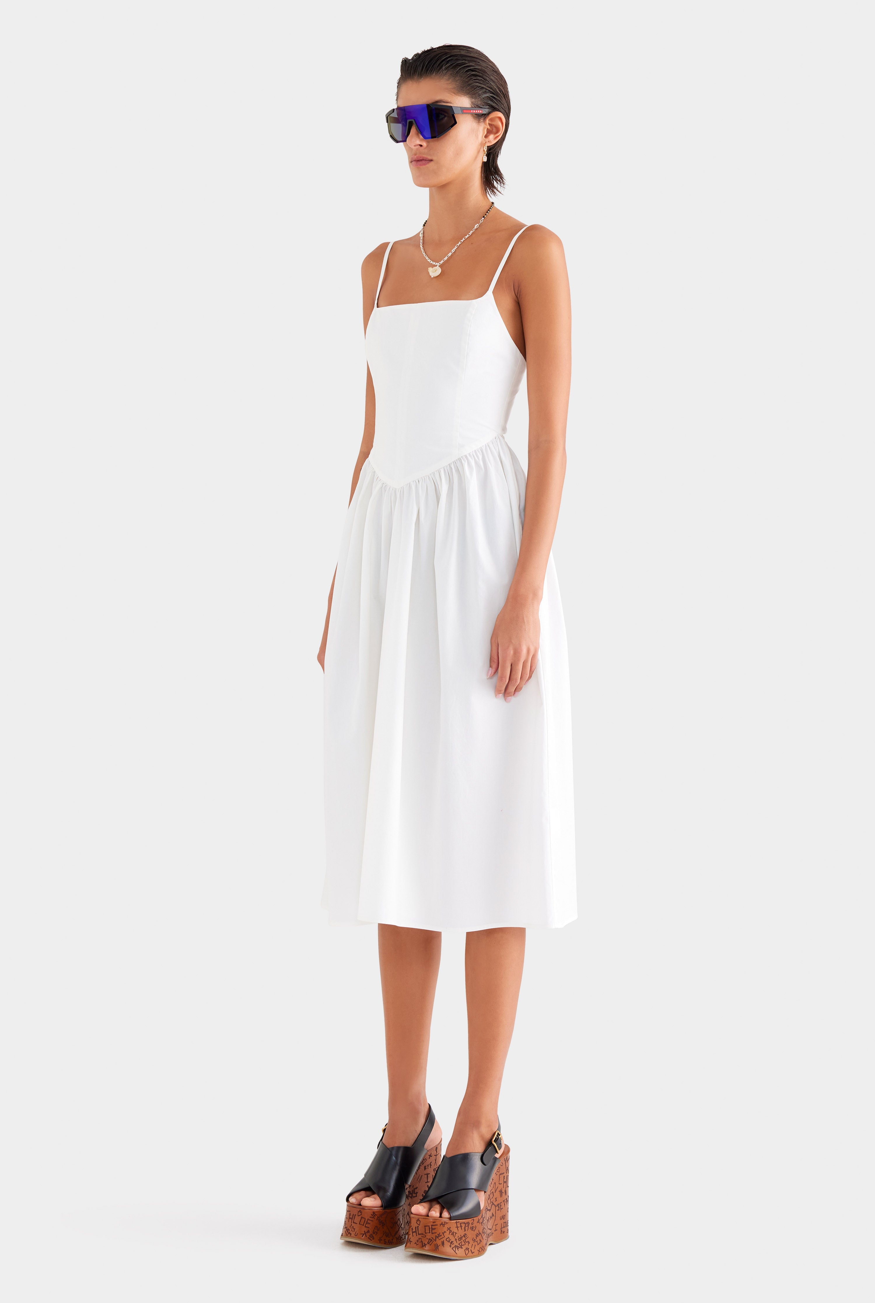 V Waist Cotton Dress - White