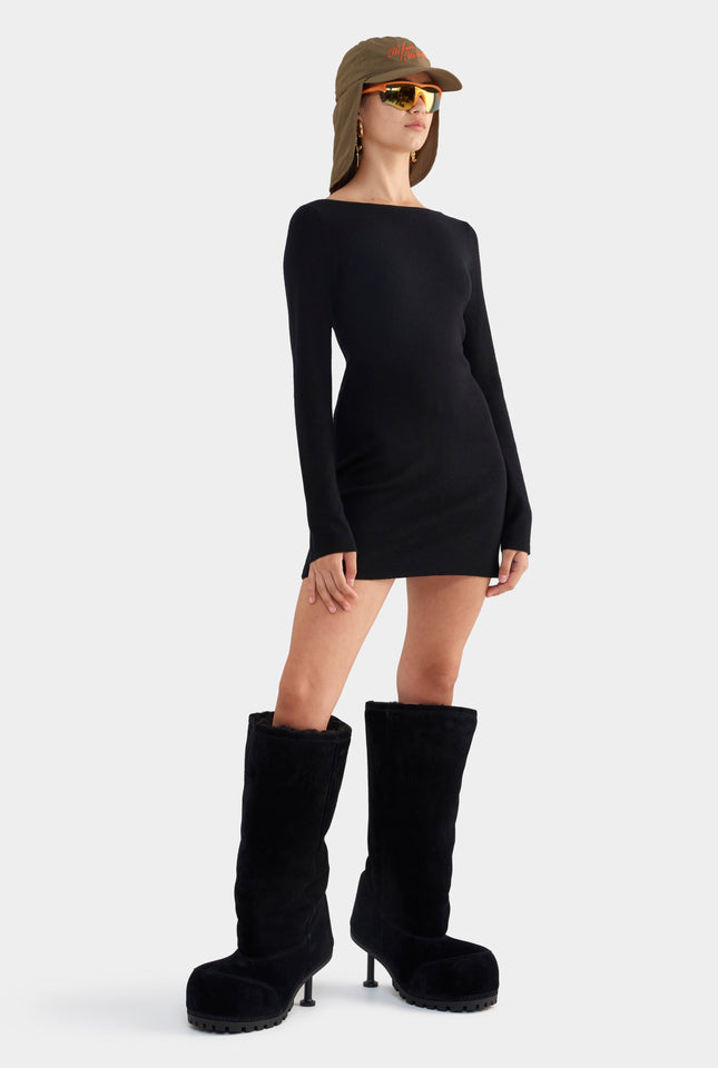 Wool Knit Boatneck Mini Dress - Black