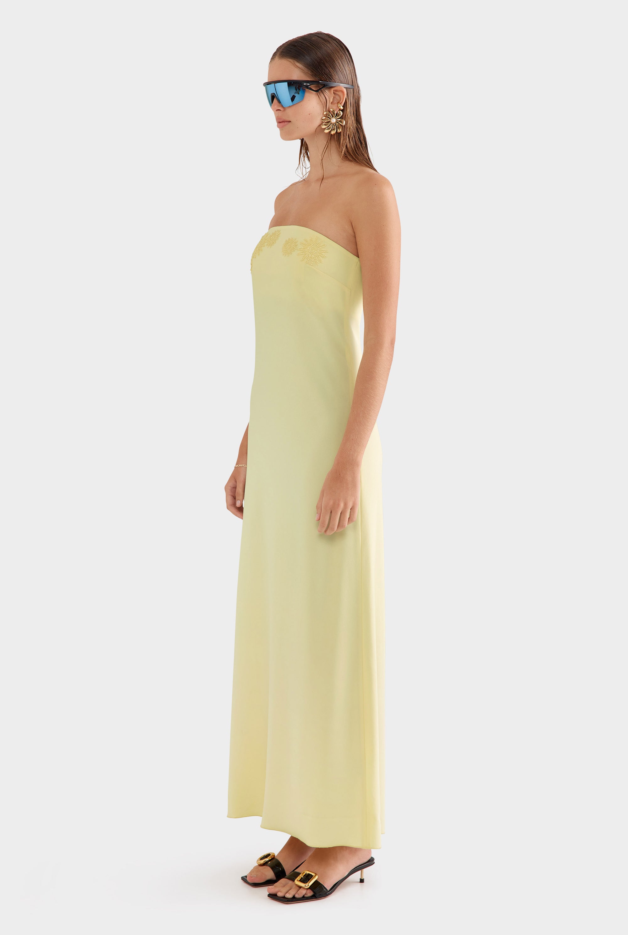 Beaded Strapless Maxi Dress - Pastel Yellow