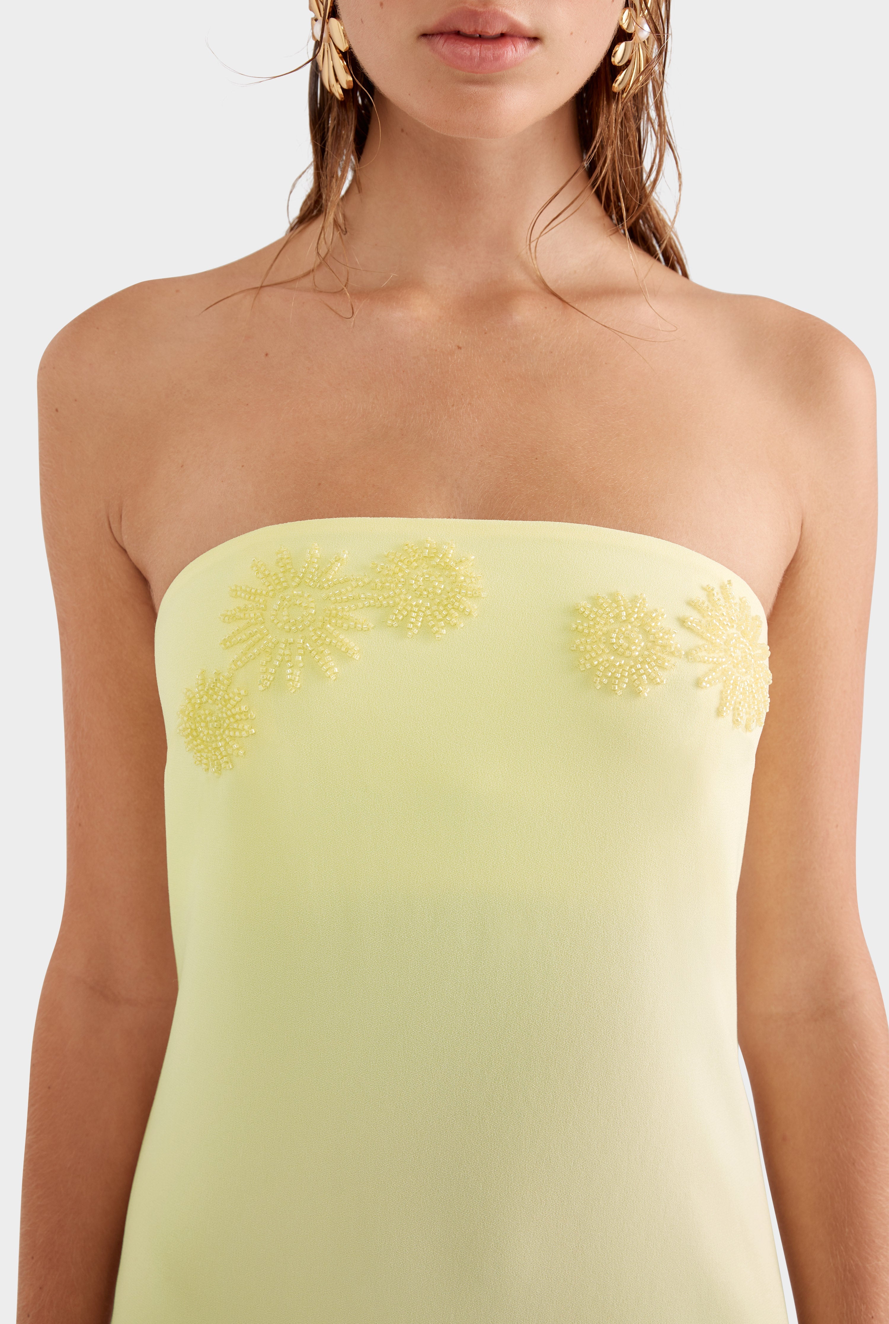 Beaded Strapless Maxi Dress - Pastel Yellow