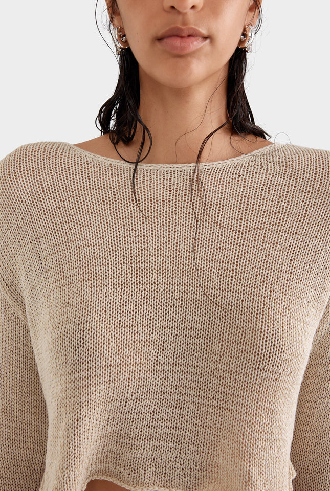 Boat Neck Gauze Knit Sweater - Sand