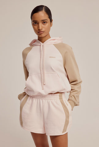 Contrast Cropped Track Hoodie - Pale Pink/Walnut