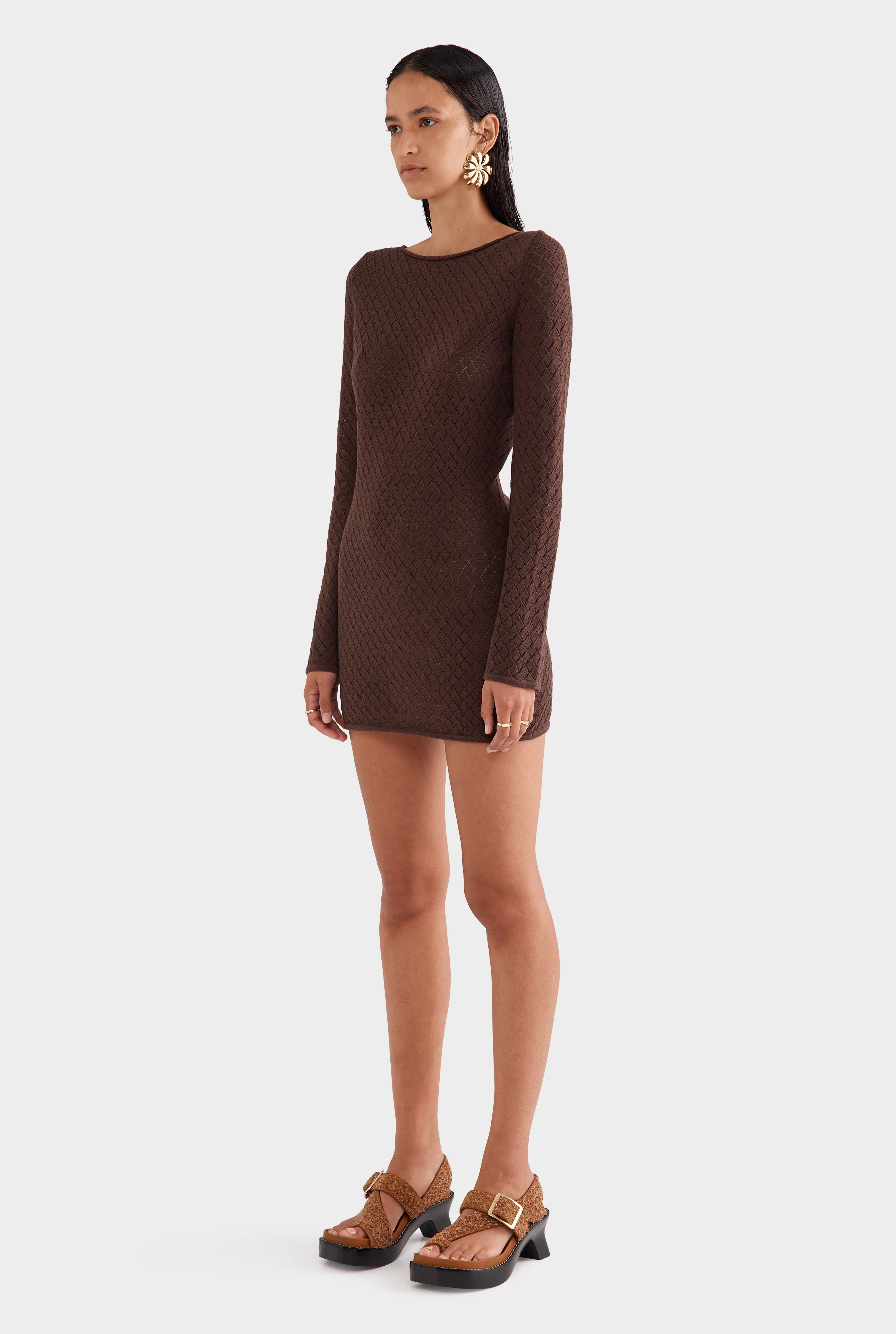 Cotton Boat Neck Mini Dress - Fudge