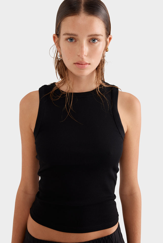 Crew Neck Jersey Rib Tank - Black