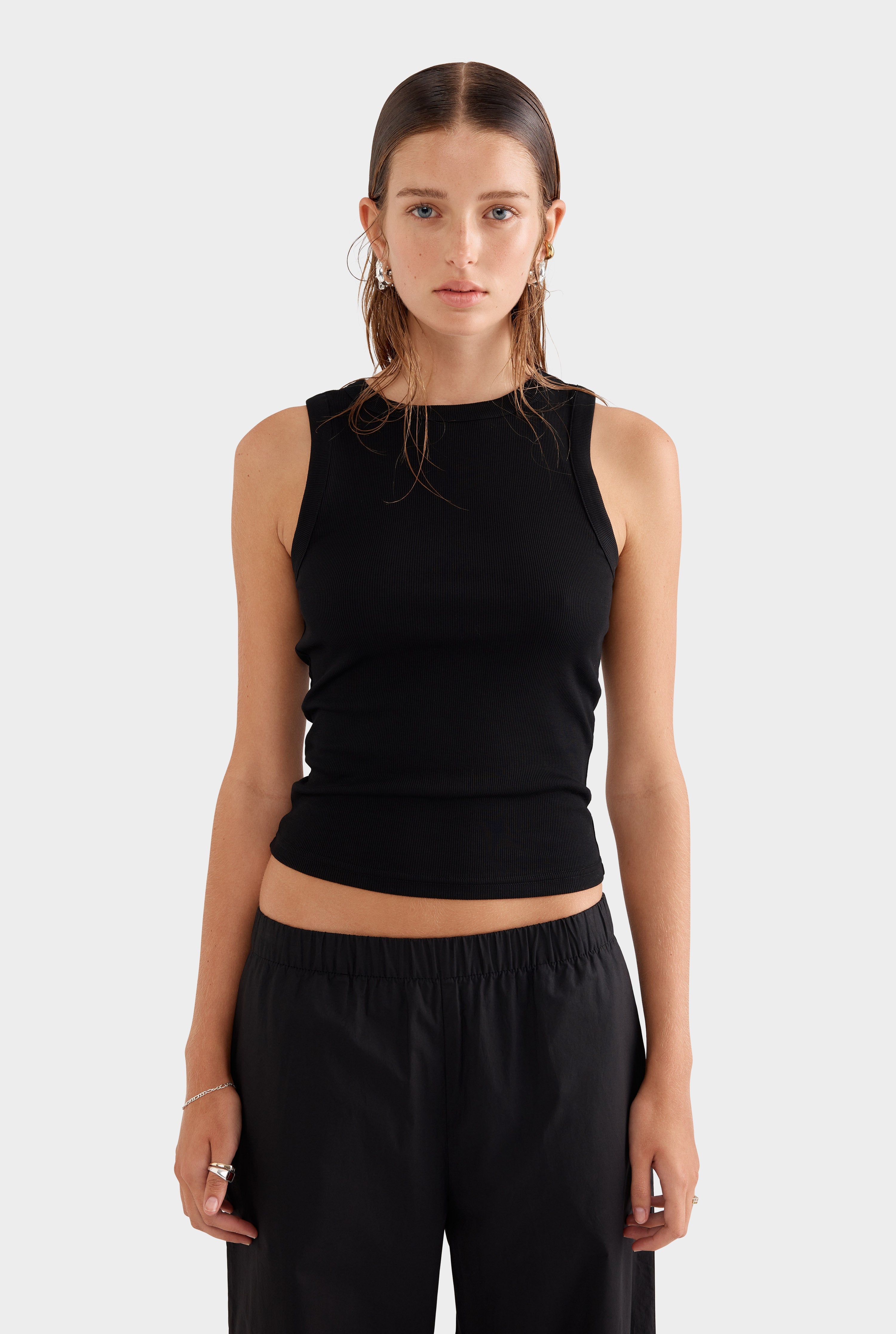 Crew Neck Jersey Rib Tank - Black