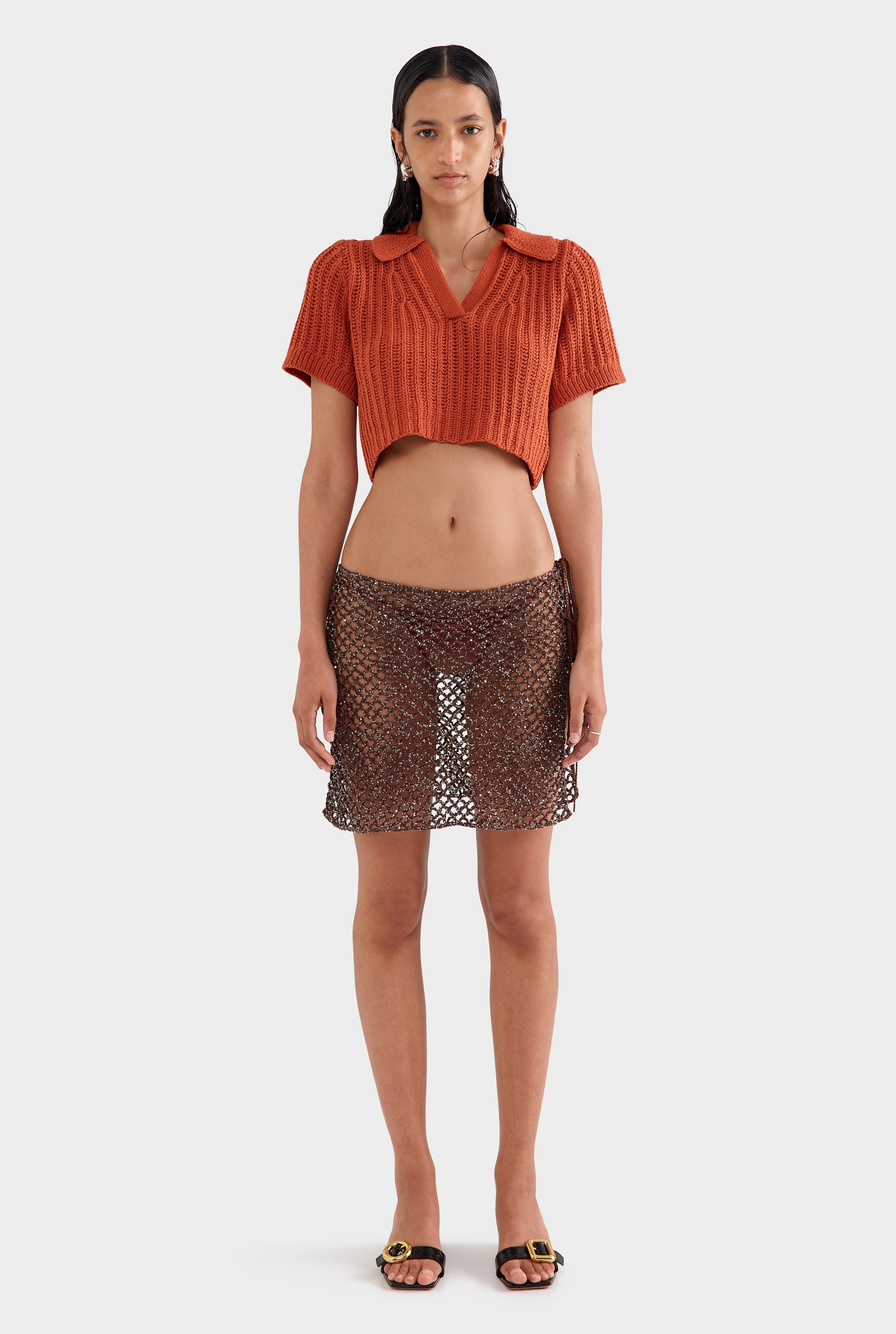 Crochet Cropped Polo - Brick