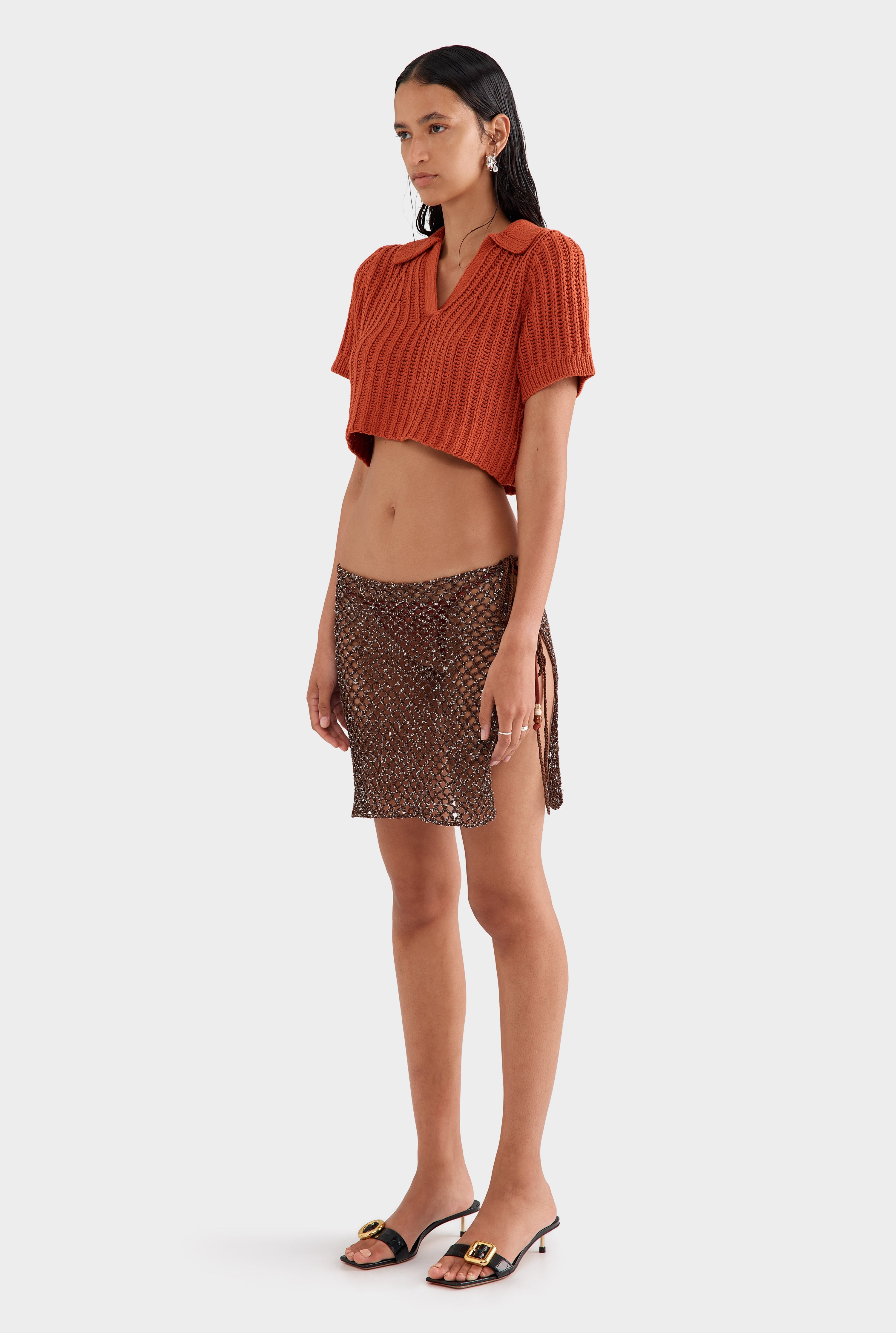 Crochet Cropped Polo - Brick