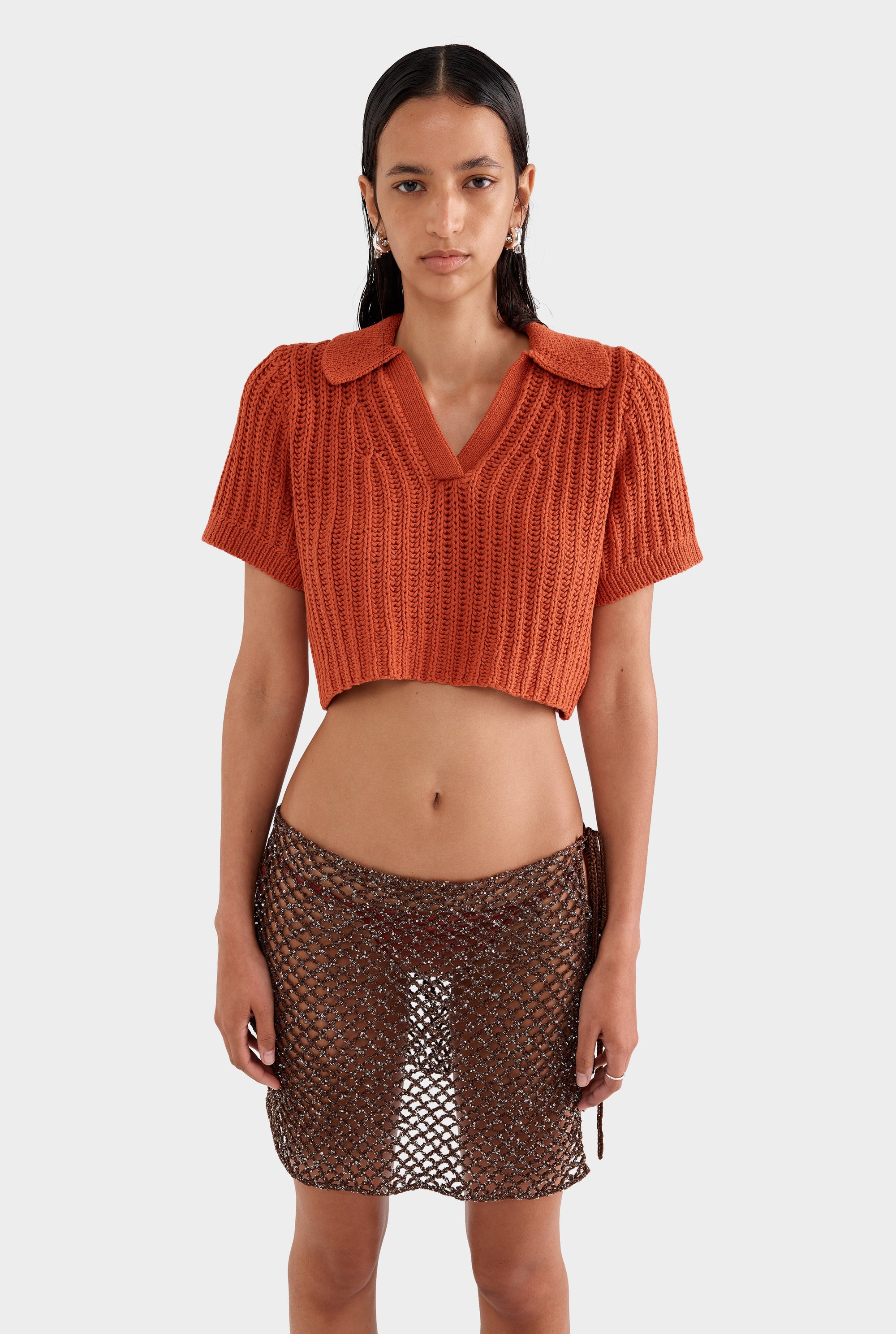 Crochet Cropped Polo - Brick