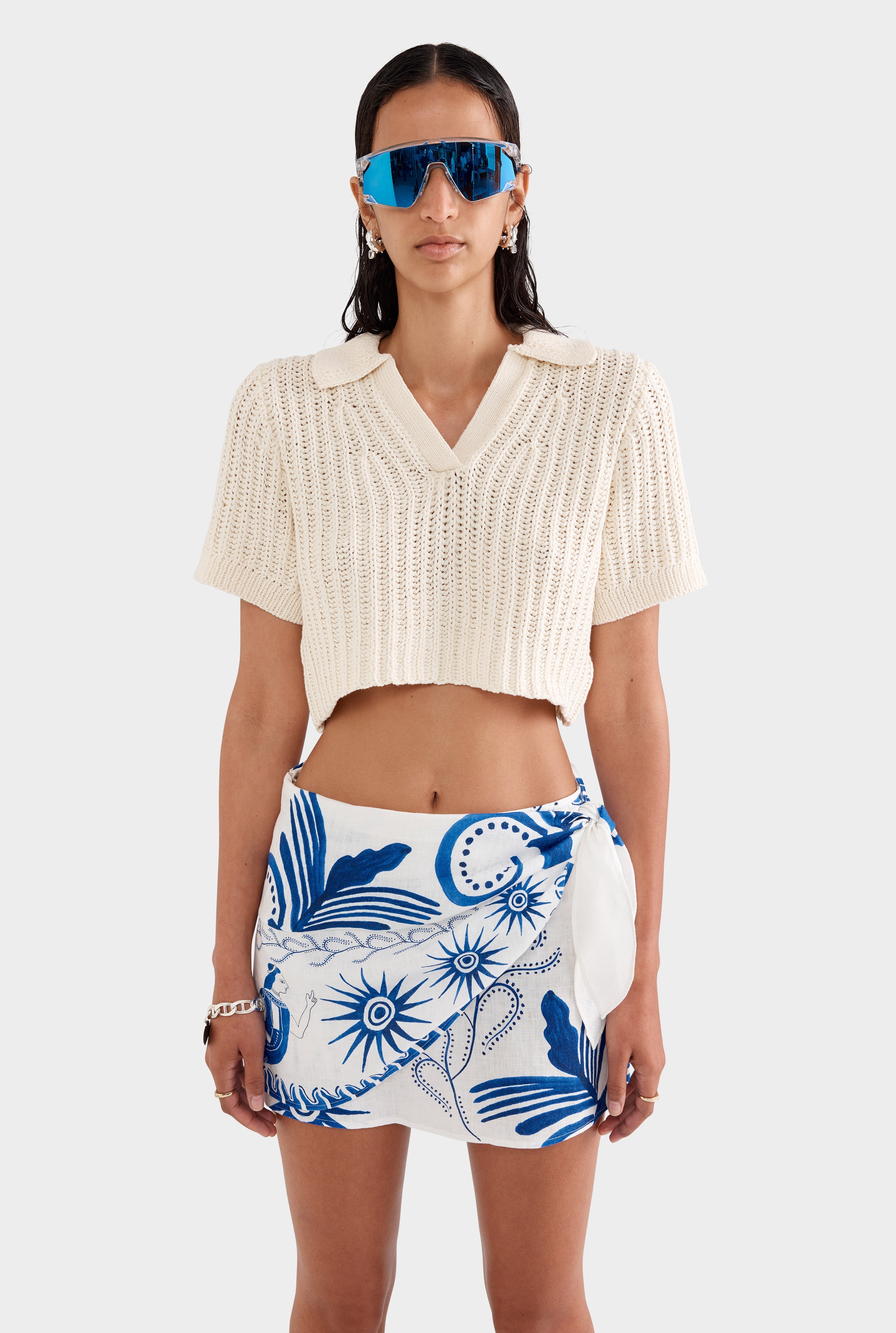 Linen Tie Mini Skirt - Off White/Blue Ceramic Scene