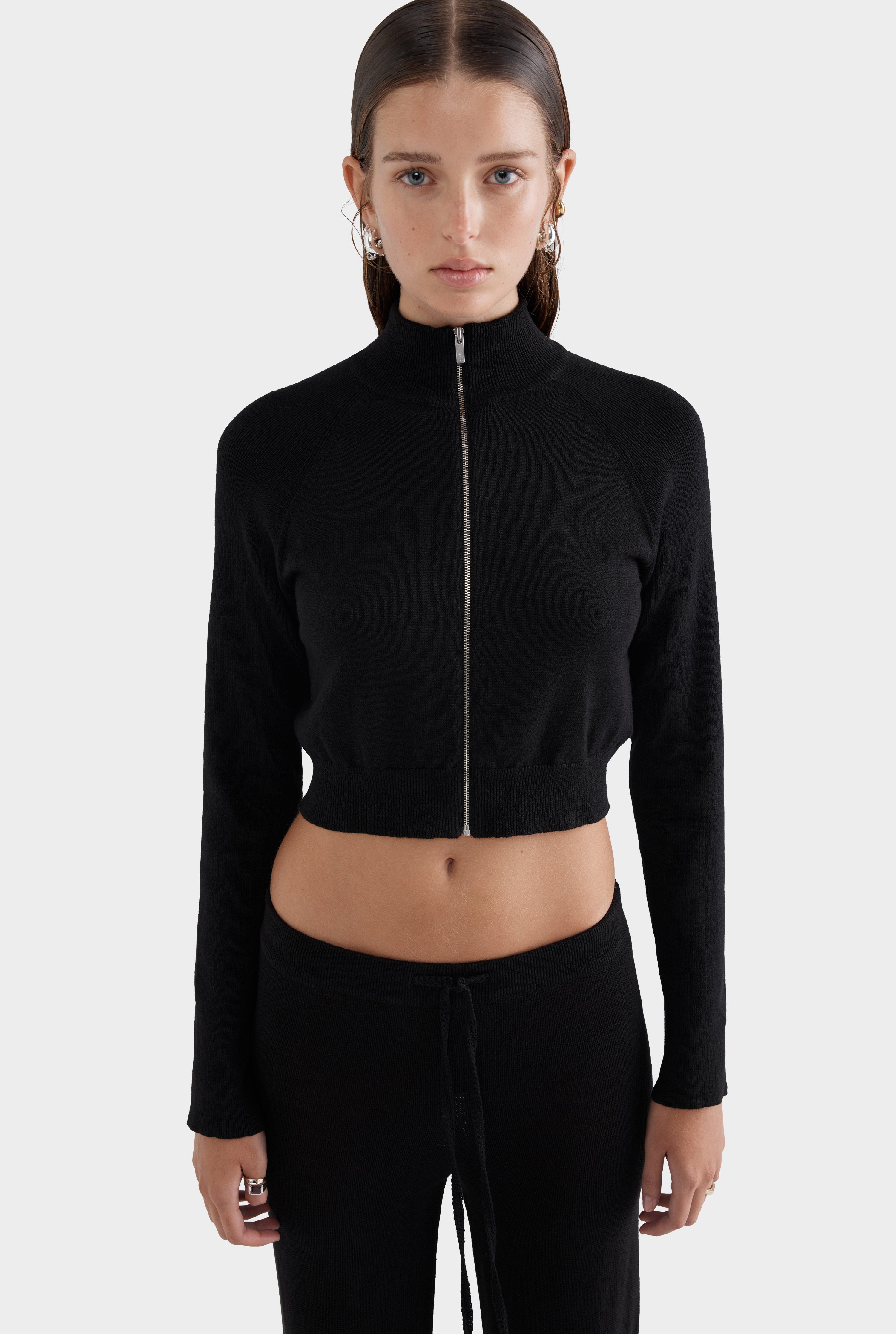 Cropped Linen Zip Up Jacket - Black