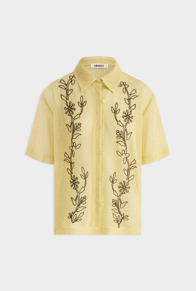 Embroidered Mesh Relaxed Short Sleeve Shirt - Raffia/Brown