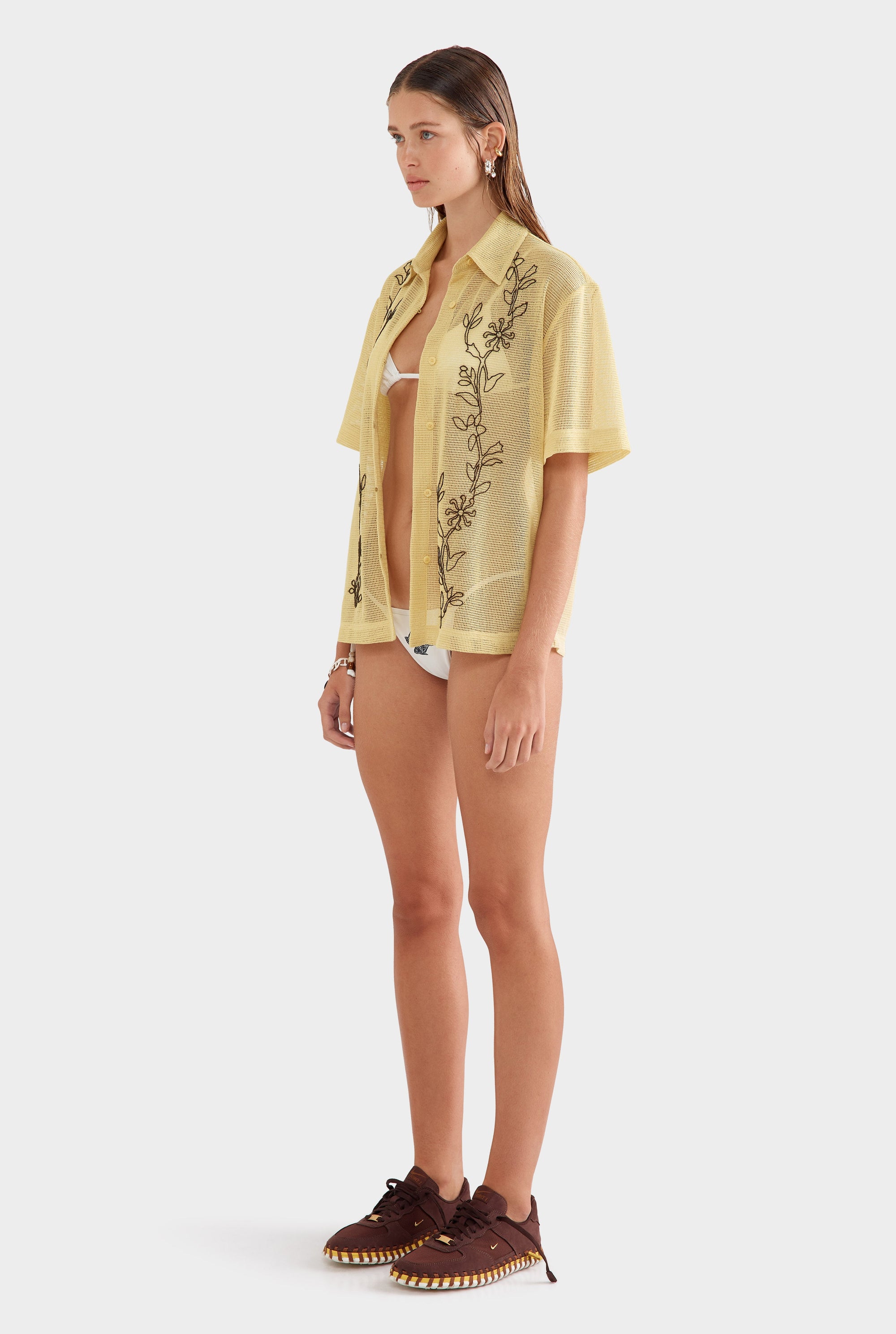 Embroidered Mesh Relaxed Short Sleeve Shirt - Raffia/Brown