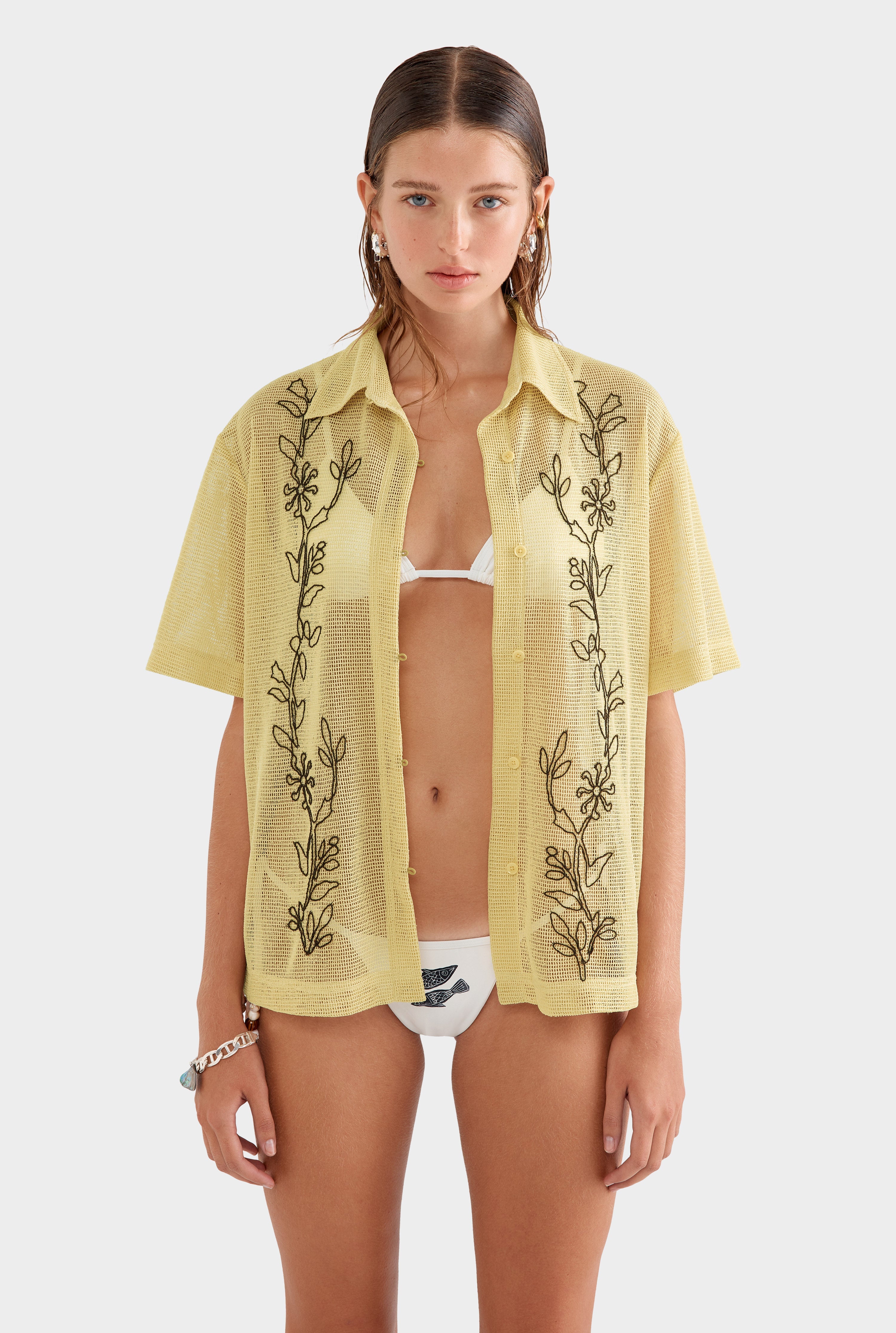 Embroidered Mesh Relaxed Short Sleeve Shirt - Raffia/Brown