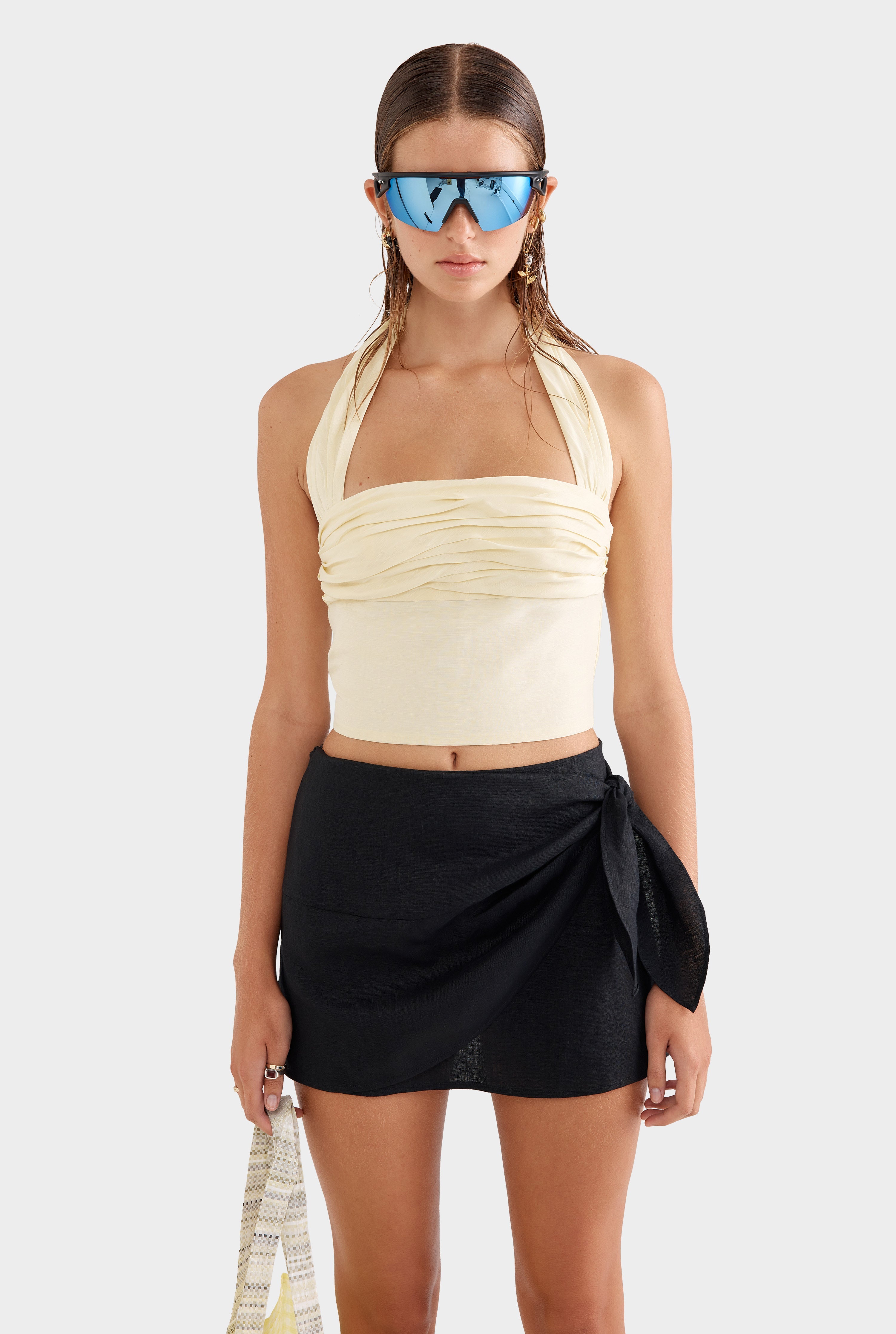 Linen Tie Mini Skirt - Black