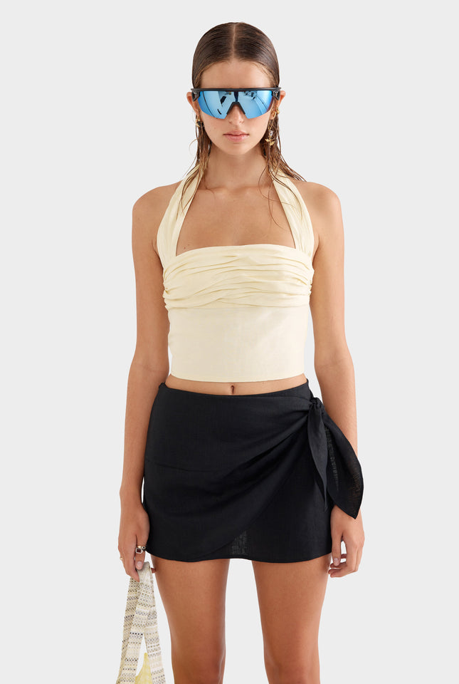 Linen Tie Mini Skirt - Black